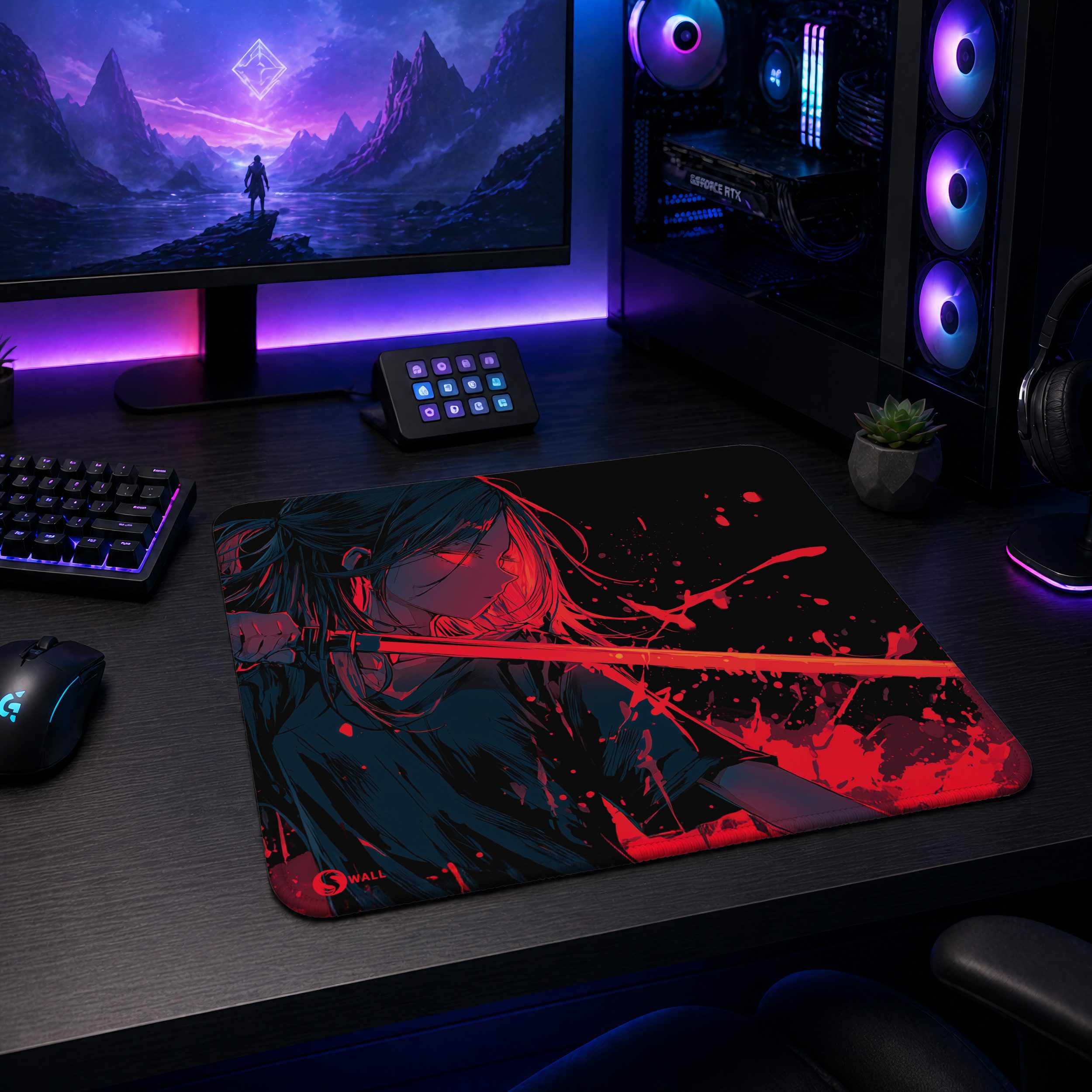 Sunnywall Gaming Mauspad Speed Mousepad XXL Premium 4 mm - Crimson Katana Girl Anime Japan (inkl. Wallpaper, Sunnywall XXL Premium Gaming Mauspads), 45x40, 80x30, 90x40 cm, rutschfest, vernähte Ränder, Tischunterlage