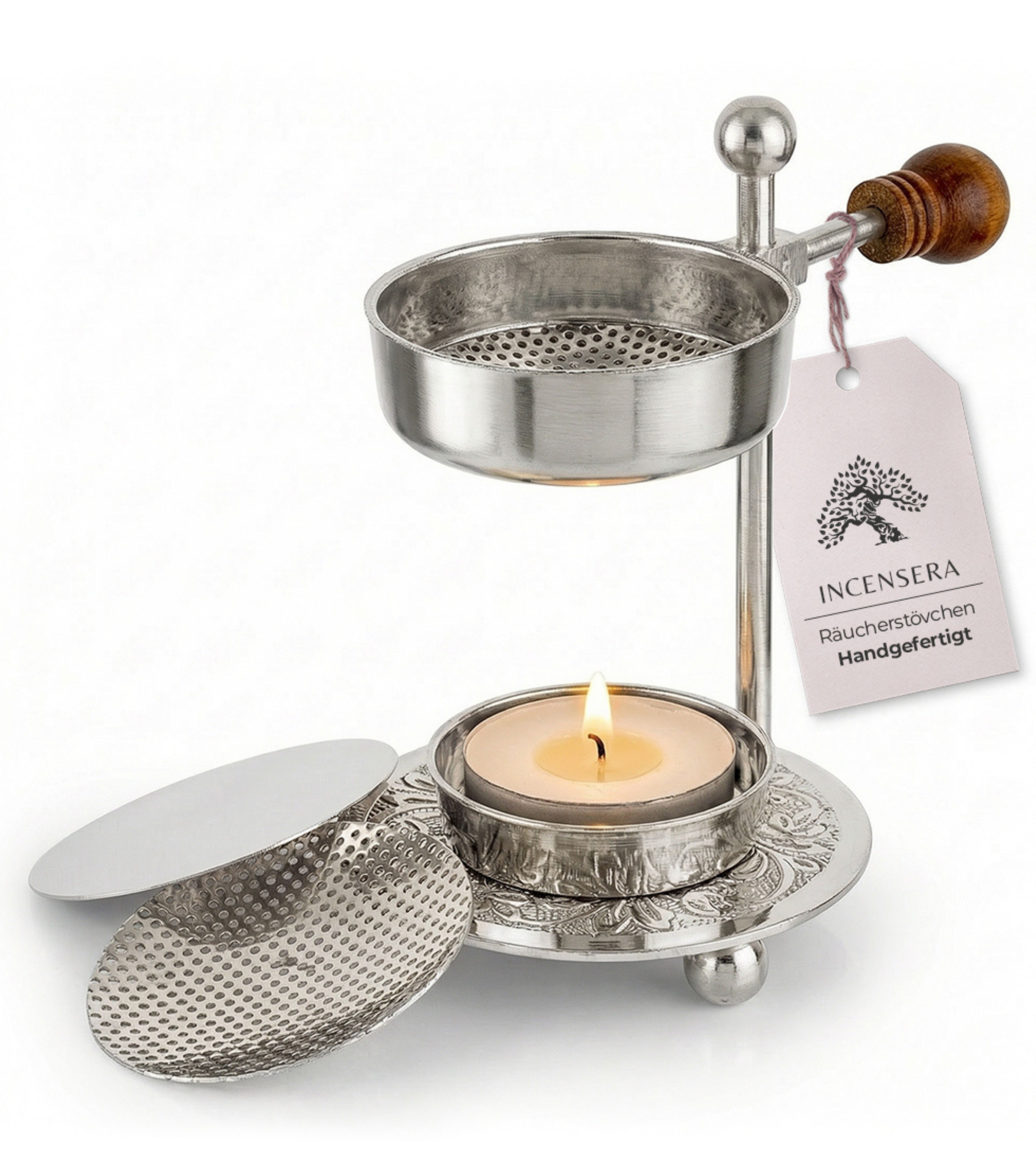 Incensera Räucherstövchen Räucherstövchen Weihrauchbrenner mit Sieb, Räuchergefäß Incense Burner, Sieb oder Schale, höhenverstellbare Modelle, Metall, standfest
