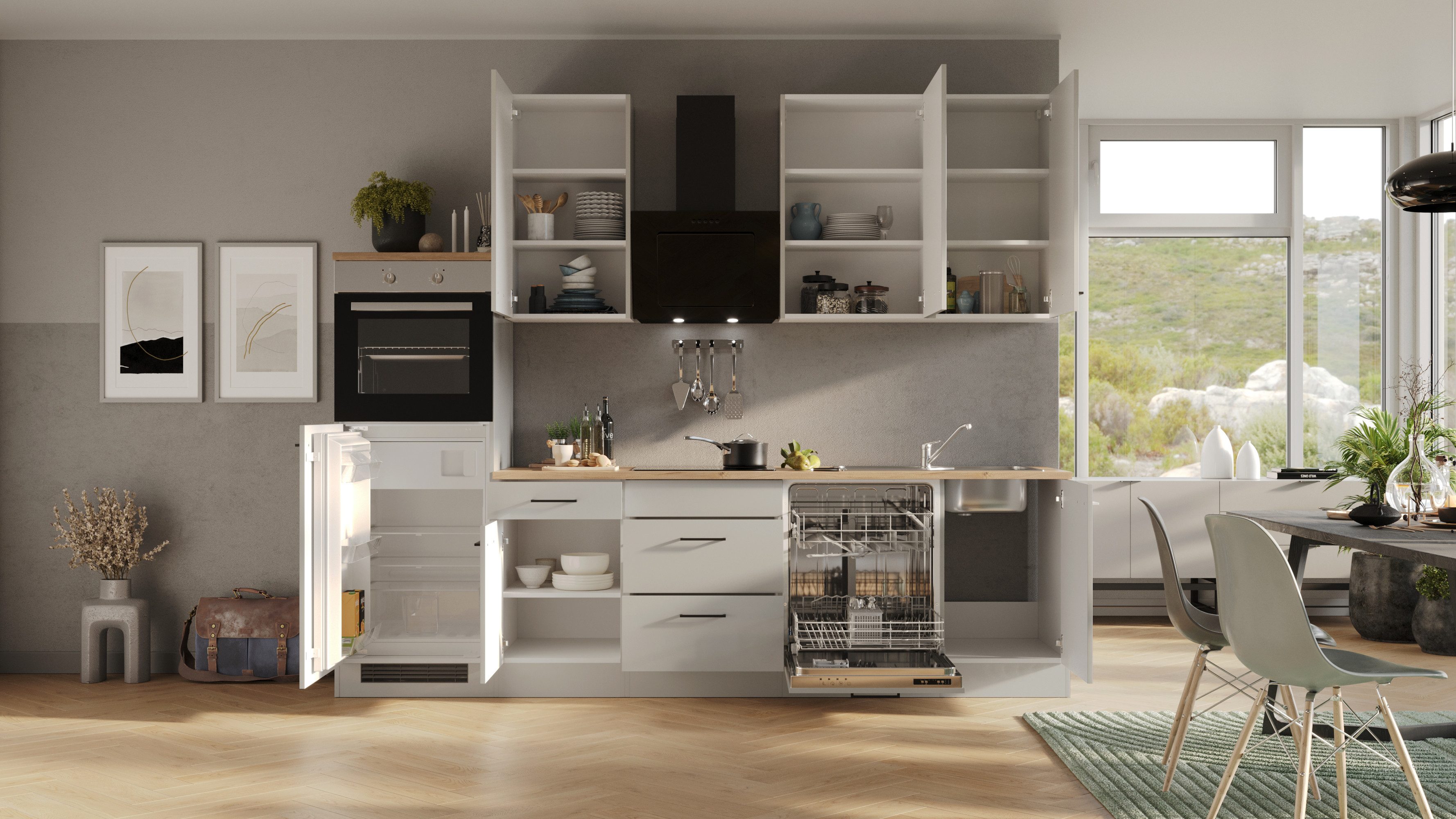 Flex-Well Exclusiv Küchenzeile Lund 280 cm Lichtgrau glänzend-Rauchgrau günstig online kaufen