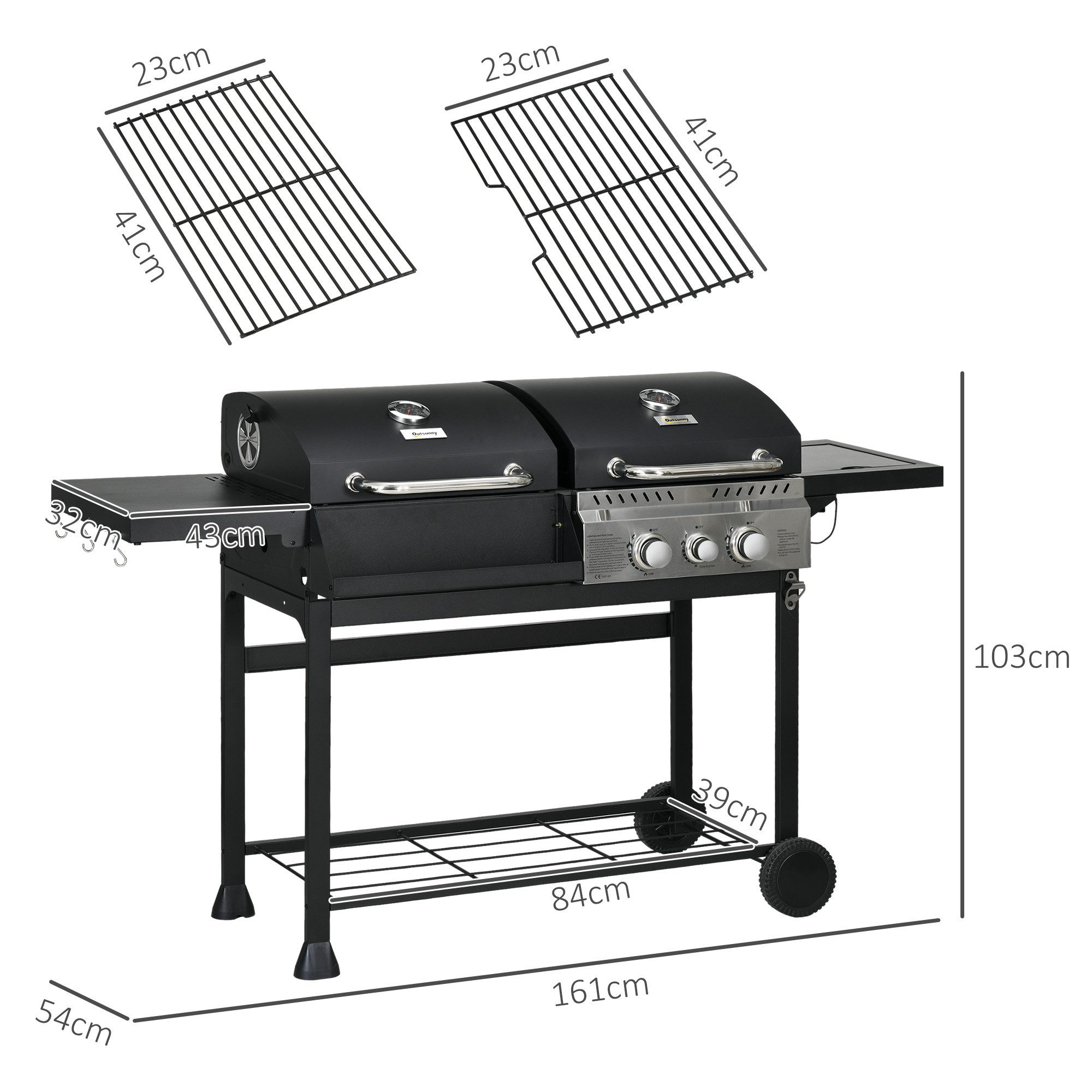 Outsunny Gasgrill Grillwagen mit 2+1 Brenner, Thermometer, 3kW BBQ, Holzkohlgrill, Campinggrill, für Garten, Balkon, Schwarz – Bild 3 von 5