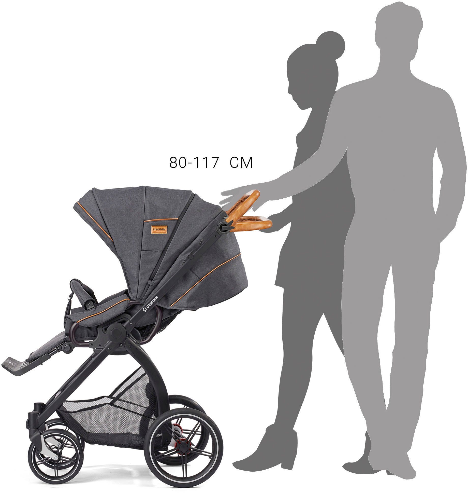 Gesslein Kombi-Kinderwagen FX4 mittelblau, Cx3 und mit mit Babywanne Soft+ Babyschalenadapter schwarz/cognac, Aufsatz Classic