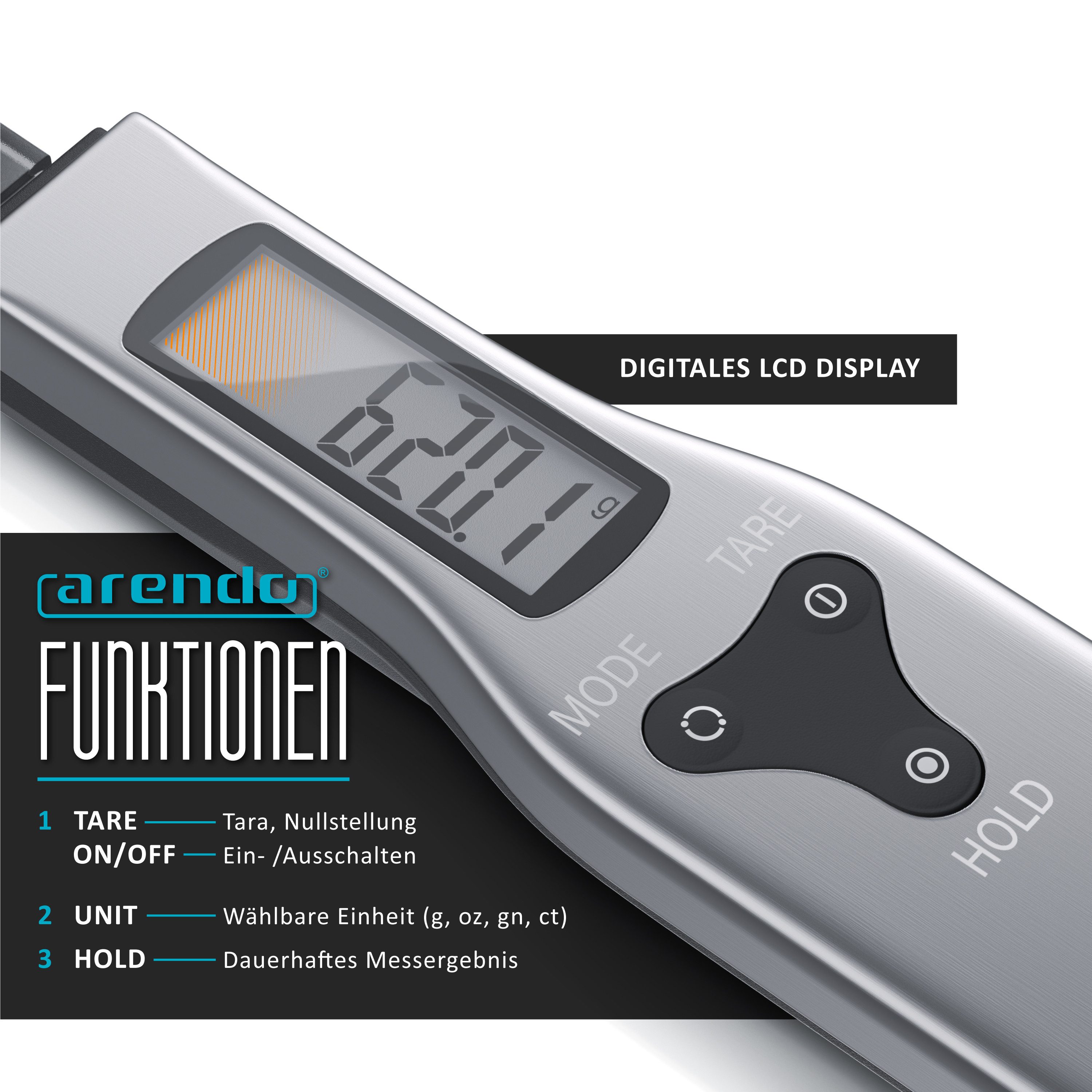 Arendo Löffelwaage Küchenwaage Feinwaage digital, 0,1 g, 1–500 g, LCD-Anzeige, aufhängbar, (1-tlg), kompakt, abnehmbarer Löffel, Abschaltautomatik 60 s, g/oz/gn – Bild 5 von 5