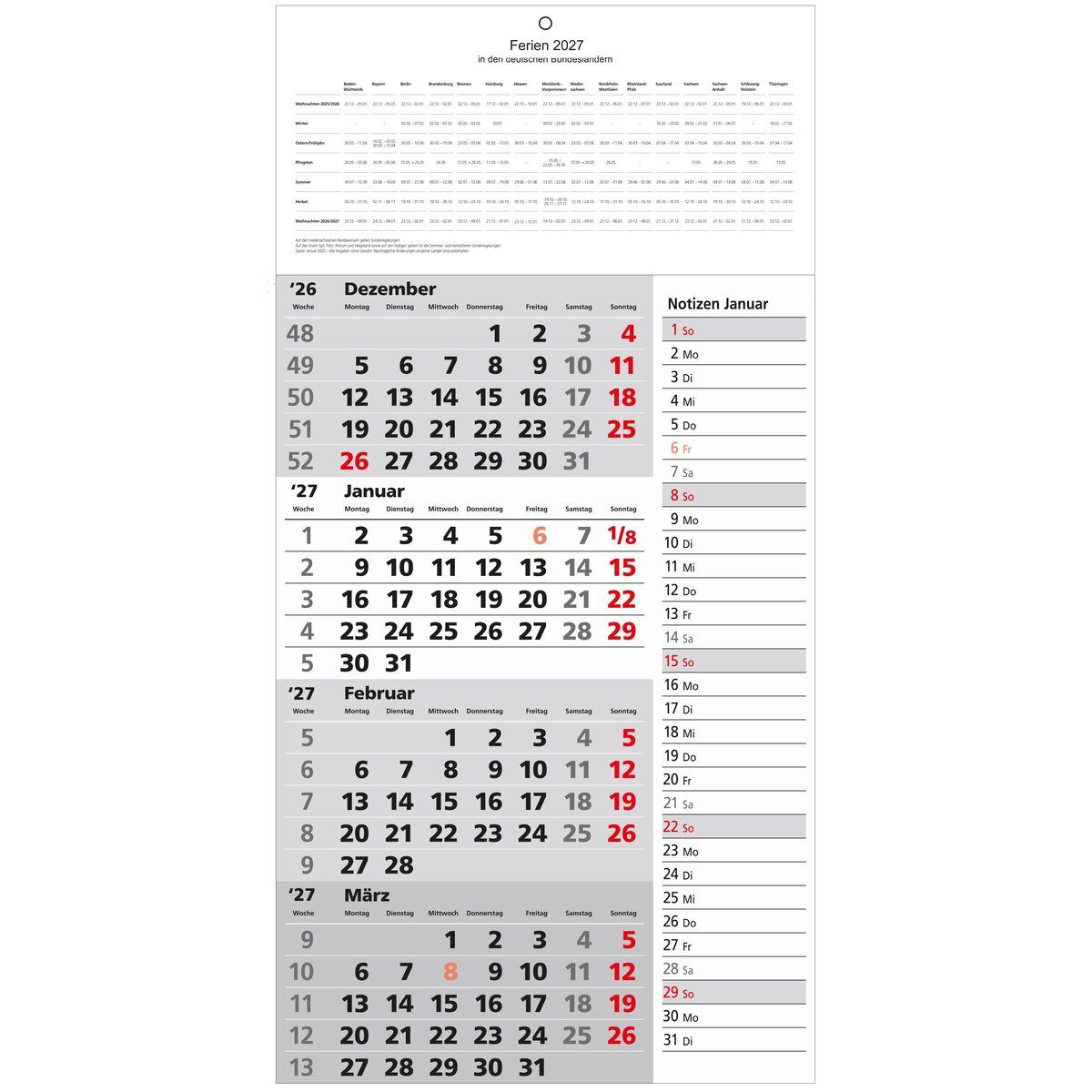 GÜSS Kalender Wandkalender 4-Monatskalender 30x53cm 2-farbig Kalendarium 2027