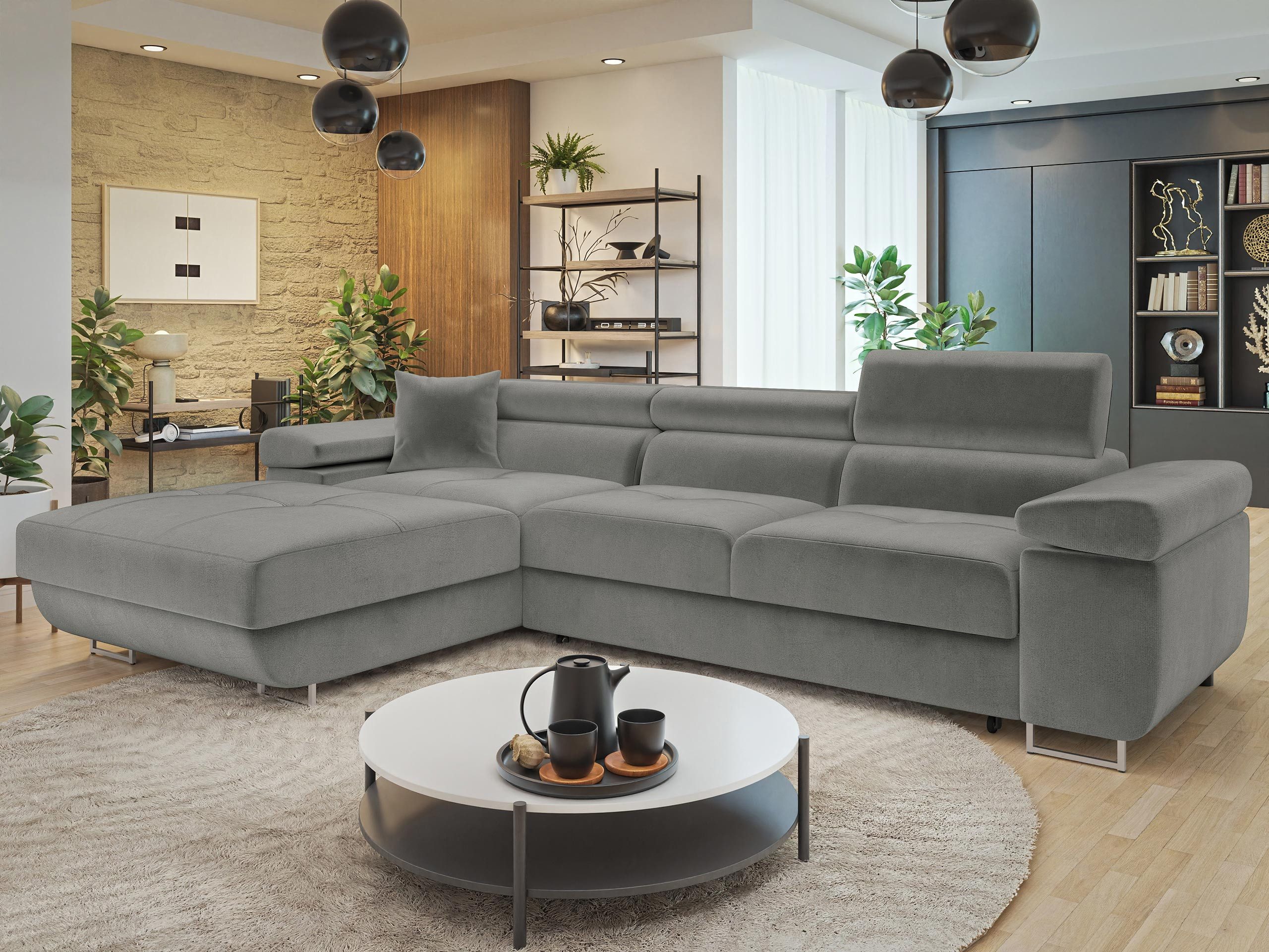 MIRJAN24 Ecksofa Torezio Mini, mit Bettkasten und Schlaffunktion, Einstellbare Kopfstützen, 280x170x70-90 cm