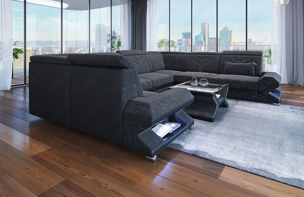 Polstersofa Sofa mit LED, ausziehbare Stoff Couch Form Sorrento Wohnlandschaft Stoffsofa, Dreams Schwarz U H12 Grau-Schwarz USB-Anschluss, Designersofa Bettfunktion,