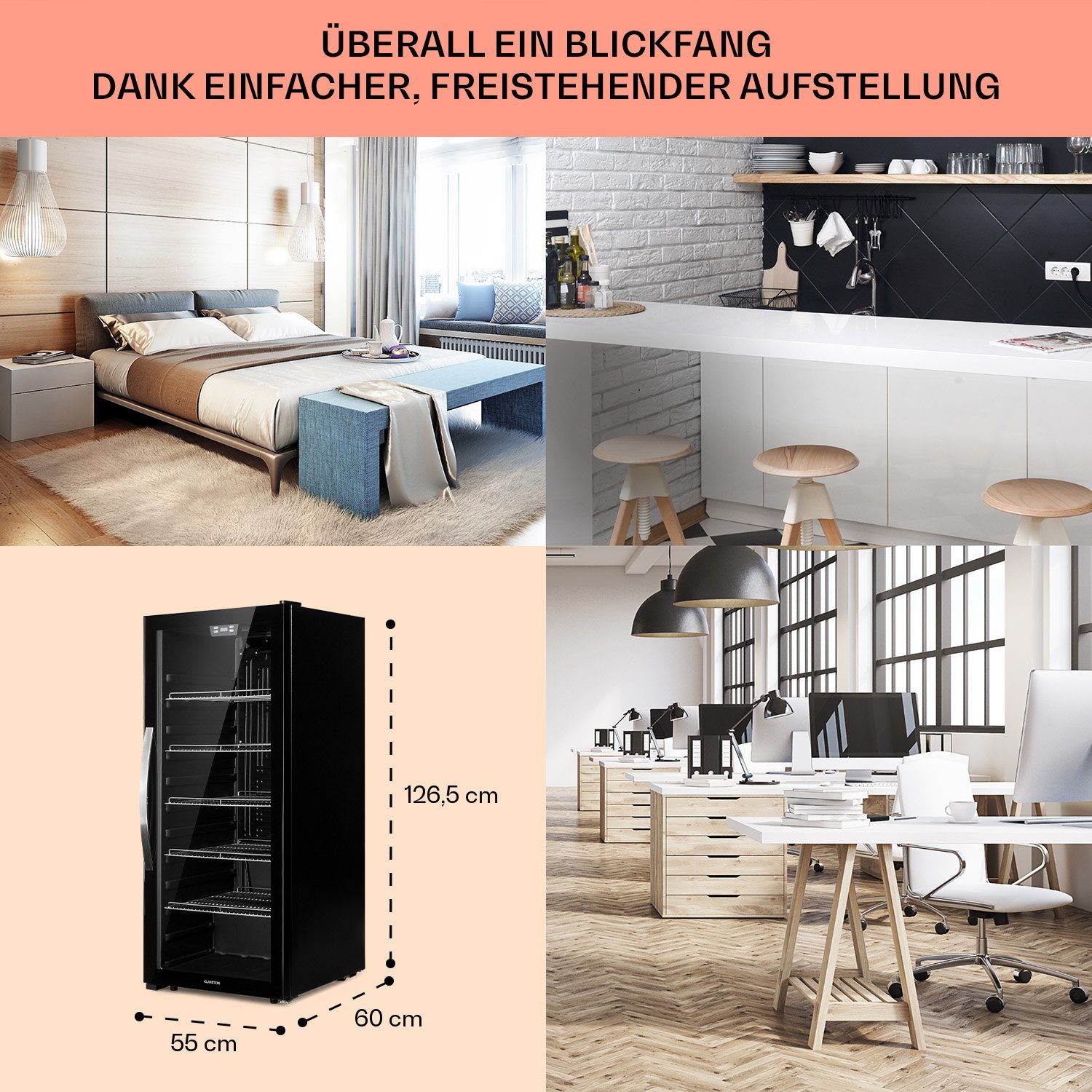Klarstein Getränkekühlschrank HEA8-Beersafe-242-bl 10045903, 126.5 cm hoch, 55 cm breit, Bierkühlschrank Getränkekühlschrank Flaschenkühlschrank mit Glastür