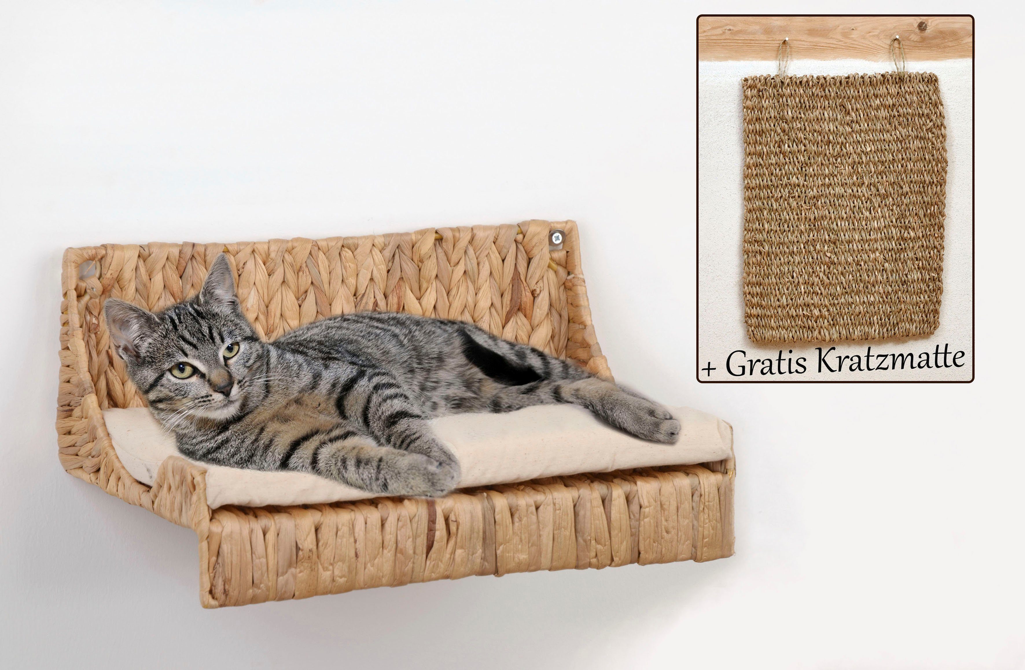 ABUKI Katzen-Wandregal Wasserhyazinthe, LxBxH: 40x25x15 cm, Kissenbezug aus Baumwolle, gratis Kratzmatte
