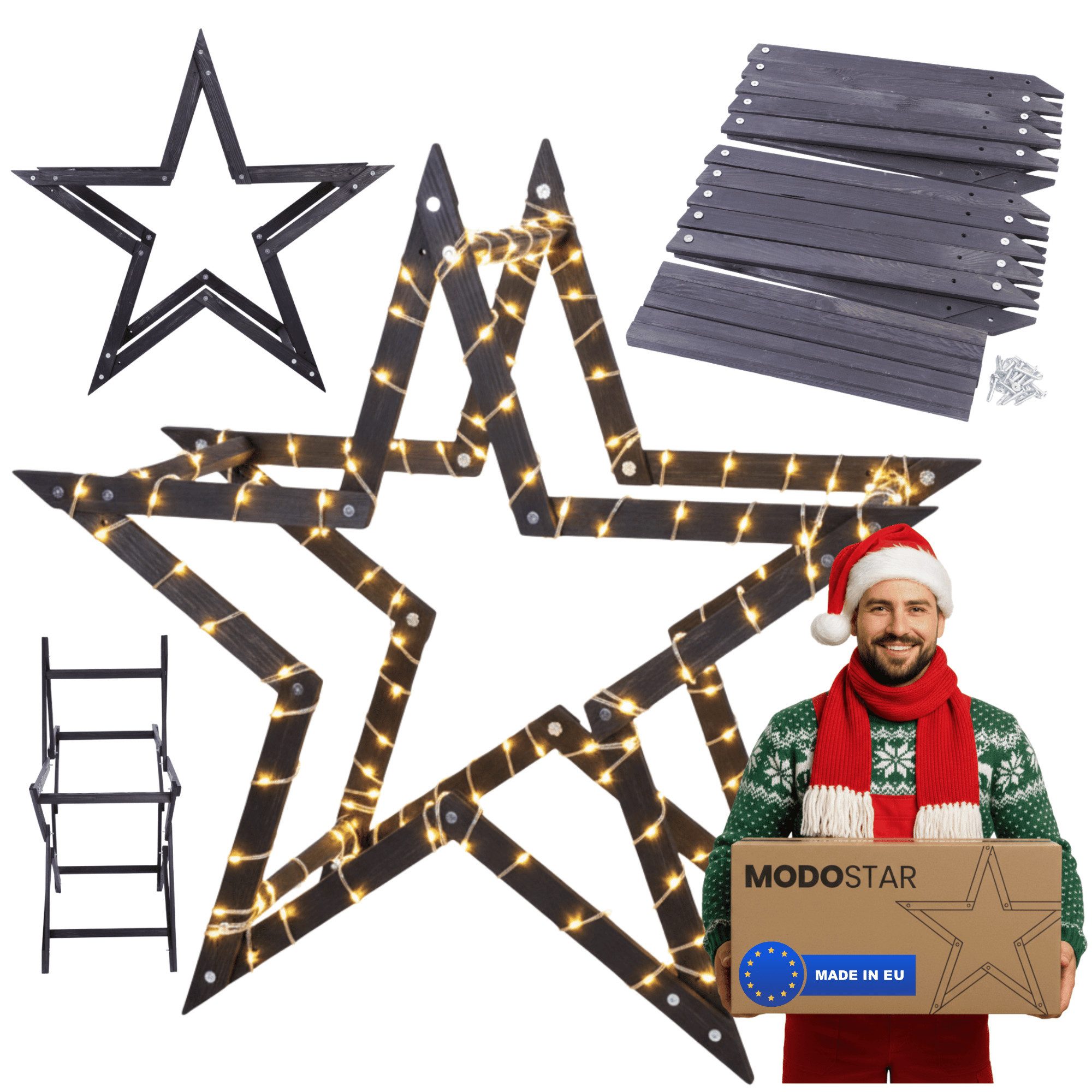 Modo24 Dekostern DIY MODOSTAR Weihnachtsstern Set aus FSC Holz 2D und 3D in 3 Breiten, zum Garten & Terrasse, wetterfest, faltbar & stabil, Weihnachtsdeko
