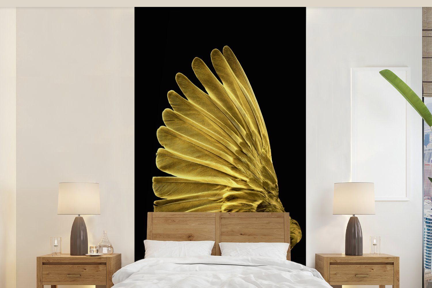 MuchoWow Fototapete Goldene Flügel auf schwarzem Hintergrund, Matt, bedruckt, (2 St), Vliestapete für Wohnzimmer Schlafzimmer Küche, Fototapete