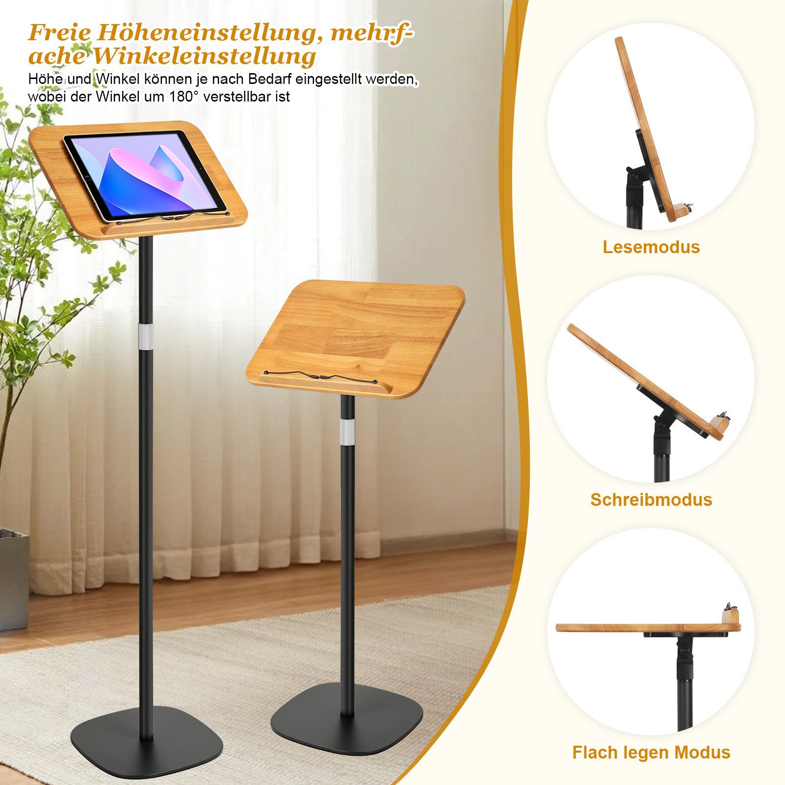 PRIISF Buchstütze 3in1 Buchständer Höhenverstellbar Buchhalter 50-130cm für Boden Tisch (mit XXL-Platte 180°-Neigung Holz Leseständer mit Papierclips, Beweglich – Bild 5 von 5