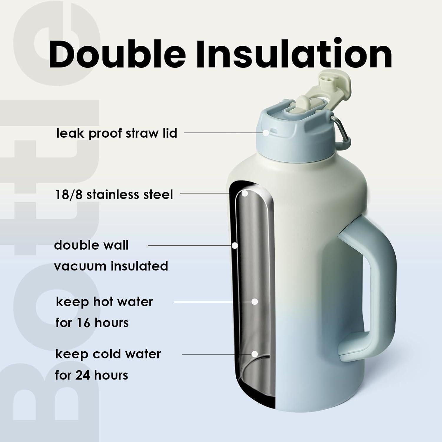 LuxusKollektion Thermobecher Isolierte Wasserflasche mit Strohhalm 1,8 l Sport-Edelstahl Grau Blau