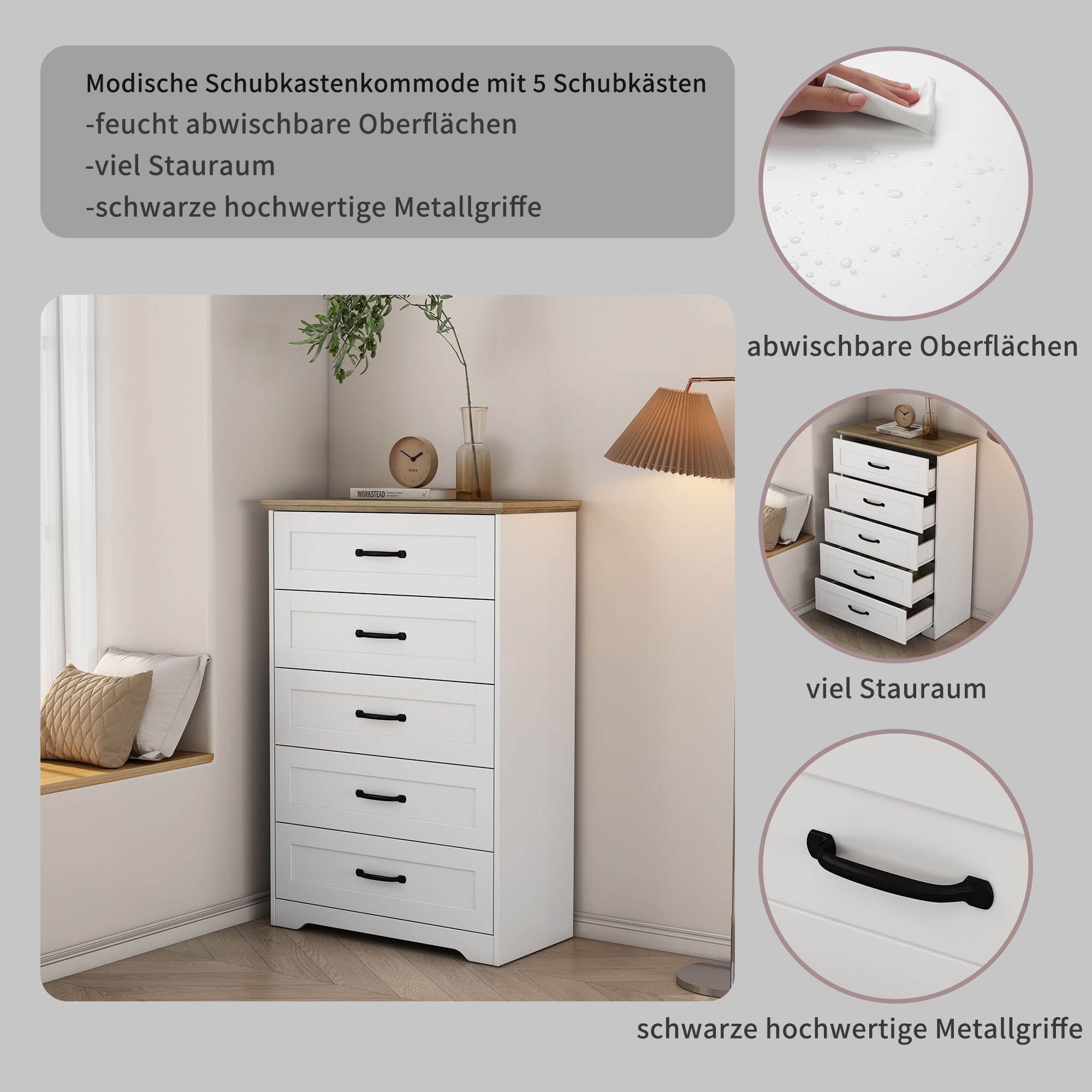 OTTO home Schubkastenkommode Emmilia Sideboard im Landhaus Design (Kommode mit viel Stauraum im Schlafzimmer), Schubladenschrank Sideboard Wäscheschrank Skandi Design