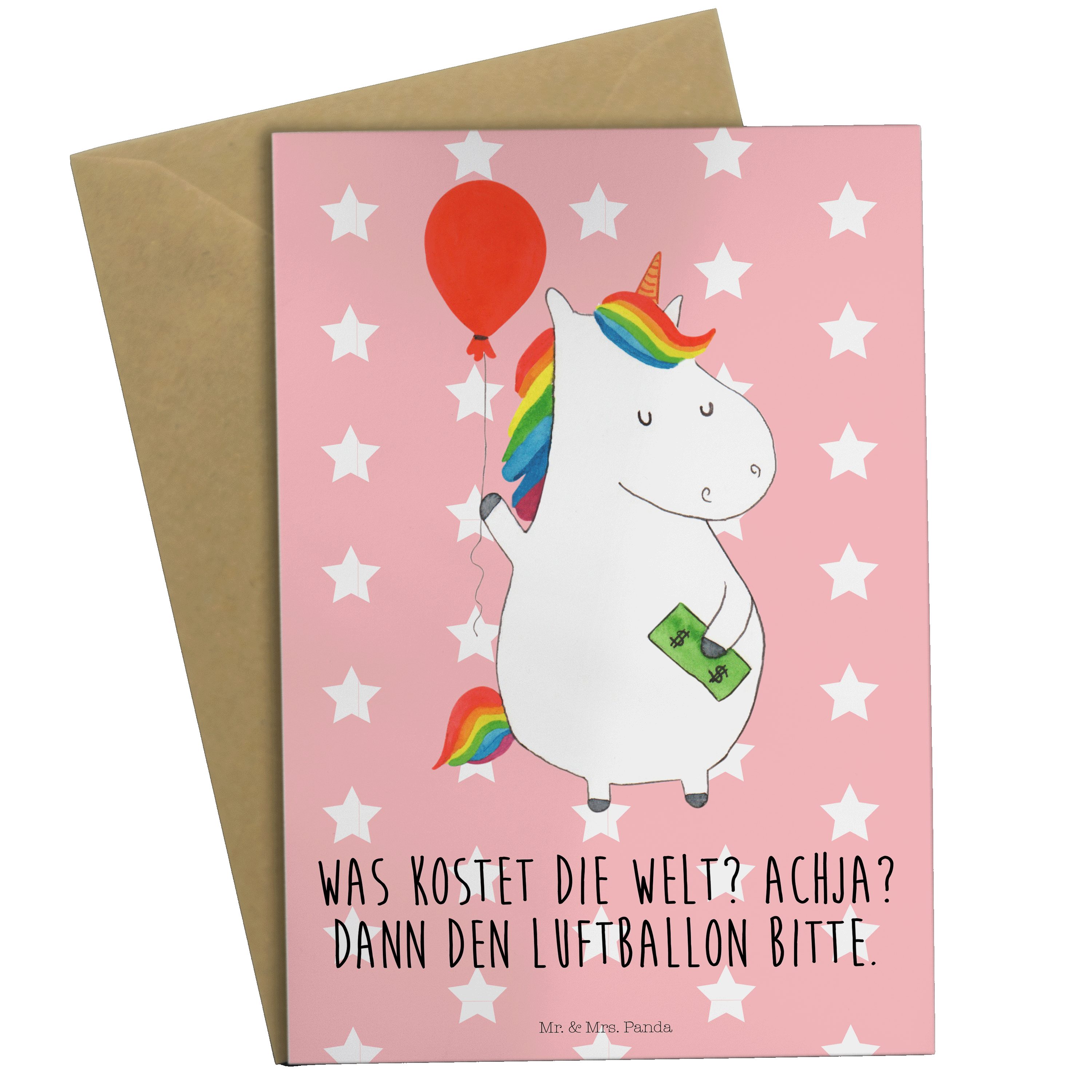 Mr. & Mrs. Panda Grußkarte Einhorn Luftballon - Rot Pastell - Geschenk, Hochzeitskarte, Glückwun