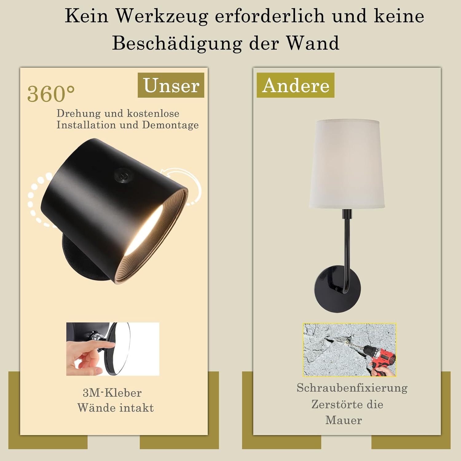 Nettlife LED Wandleuchte Wandlampe Touch 3 Helligkeitsstufen Kabellose, 360° Drehbar, LED fest integriert, Warmweiß Neutralweiß Kaltweiß, Wohnzimmer Kinder Wohnzimmer Schlafzimmer Flur
