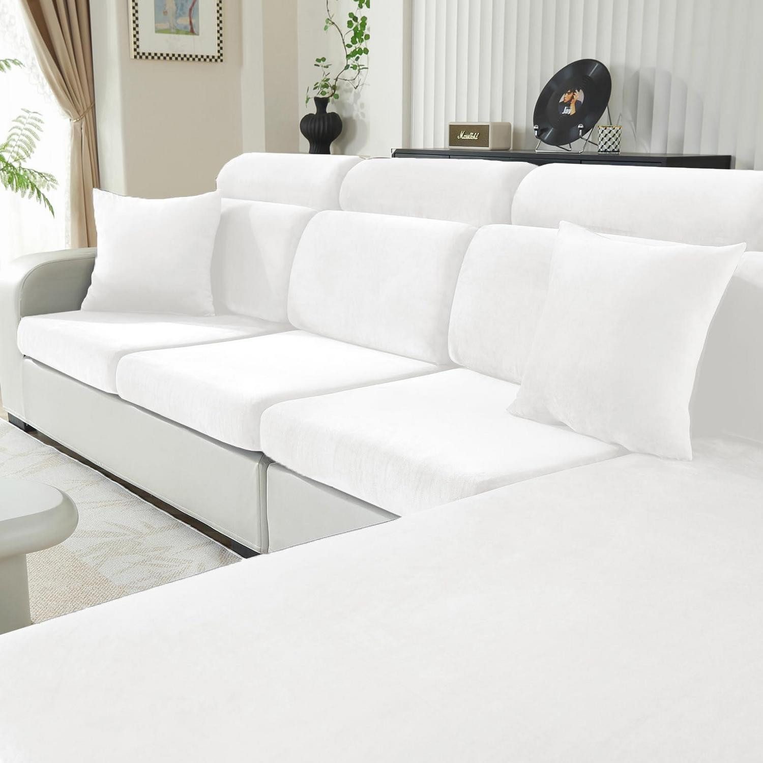 LuxusKollektion Sitzflächenhusse Sitzkissenbezug Samt Stretch rutschfest waschbar Weiß 1-Sitzer*2