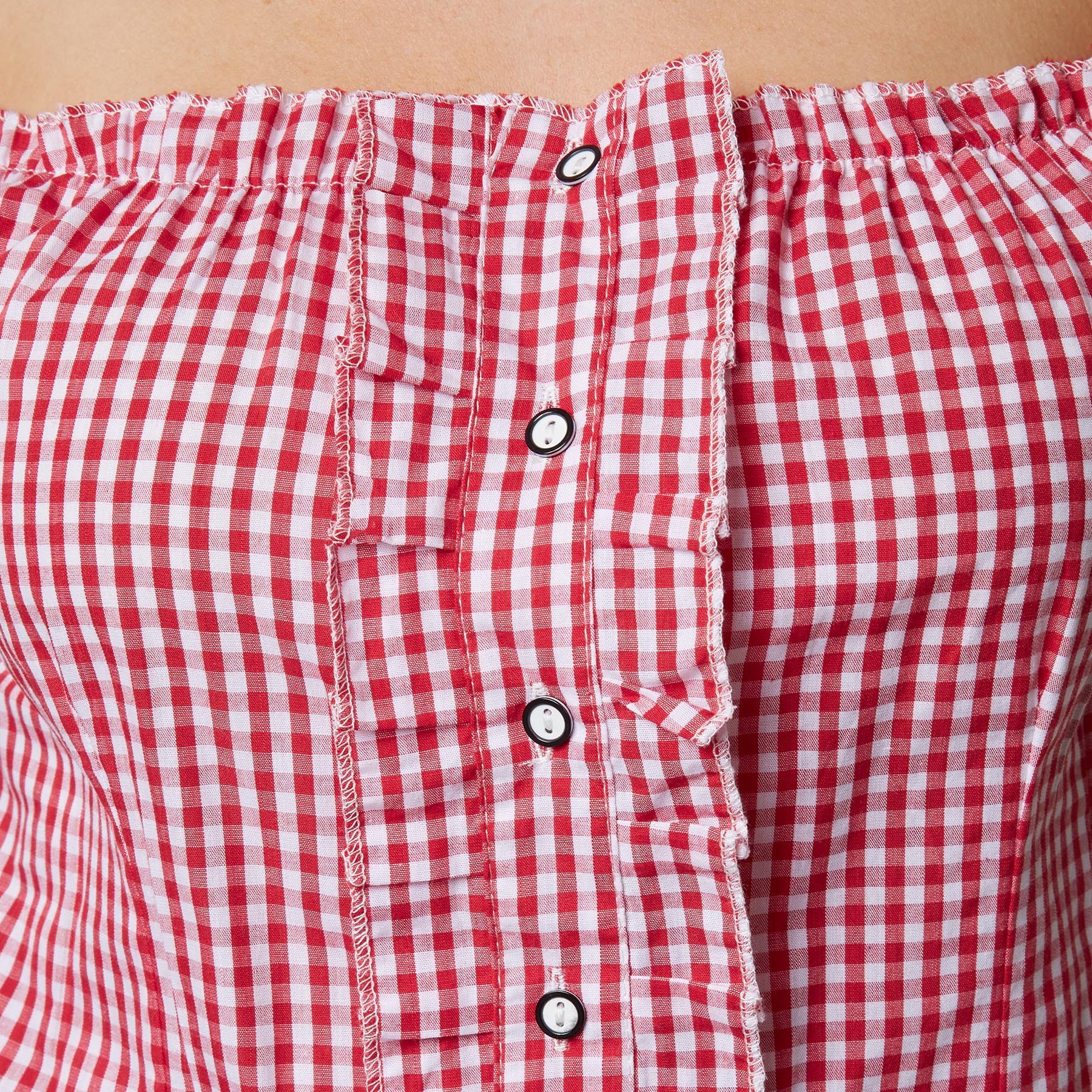 dressforfun Trachtenbluse Kurzärmelige Dirndlbluse aus reiner Baumwolle mit Carmen-Ausschnitt (Landhausbluse Hilde, in rot/weiß) Rüschen-Knopfleiste, Rückenschn – Bild 3 von 5