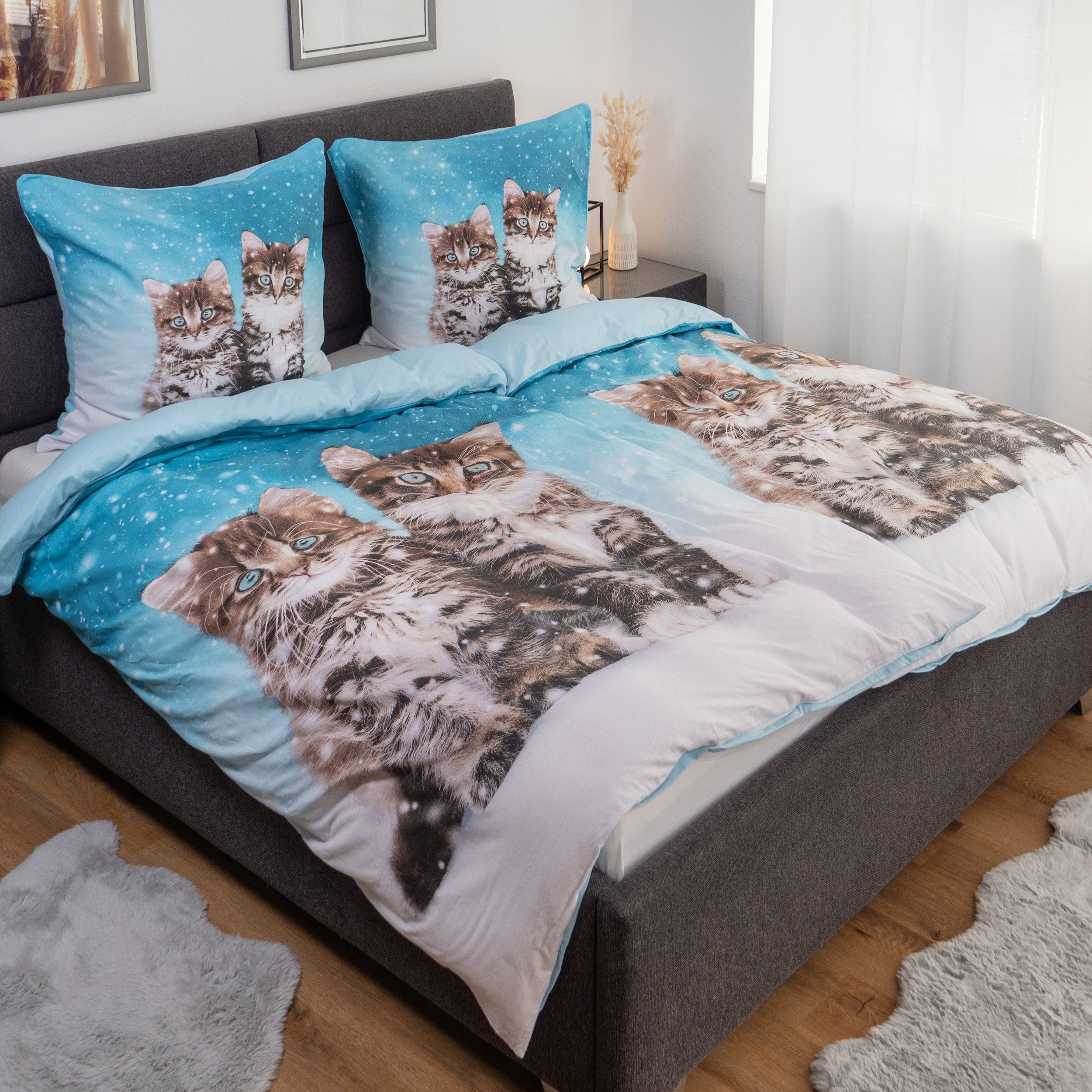good morning Bettwäsche Comfort Baumwolle, Flanell, 2 teilig, Katzen,Schnee,Schneeflocken,blau,Wendebettwäsche – Bild 2 von 5