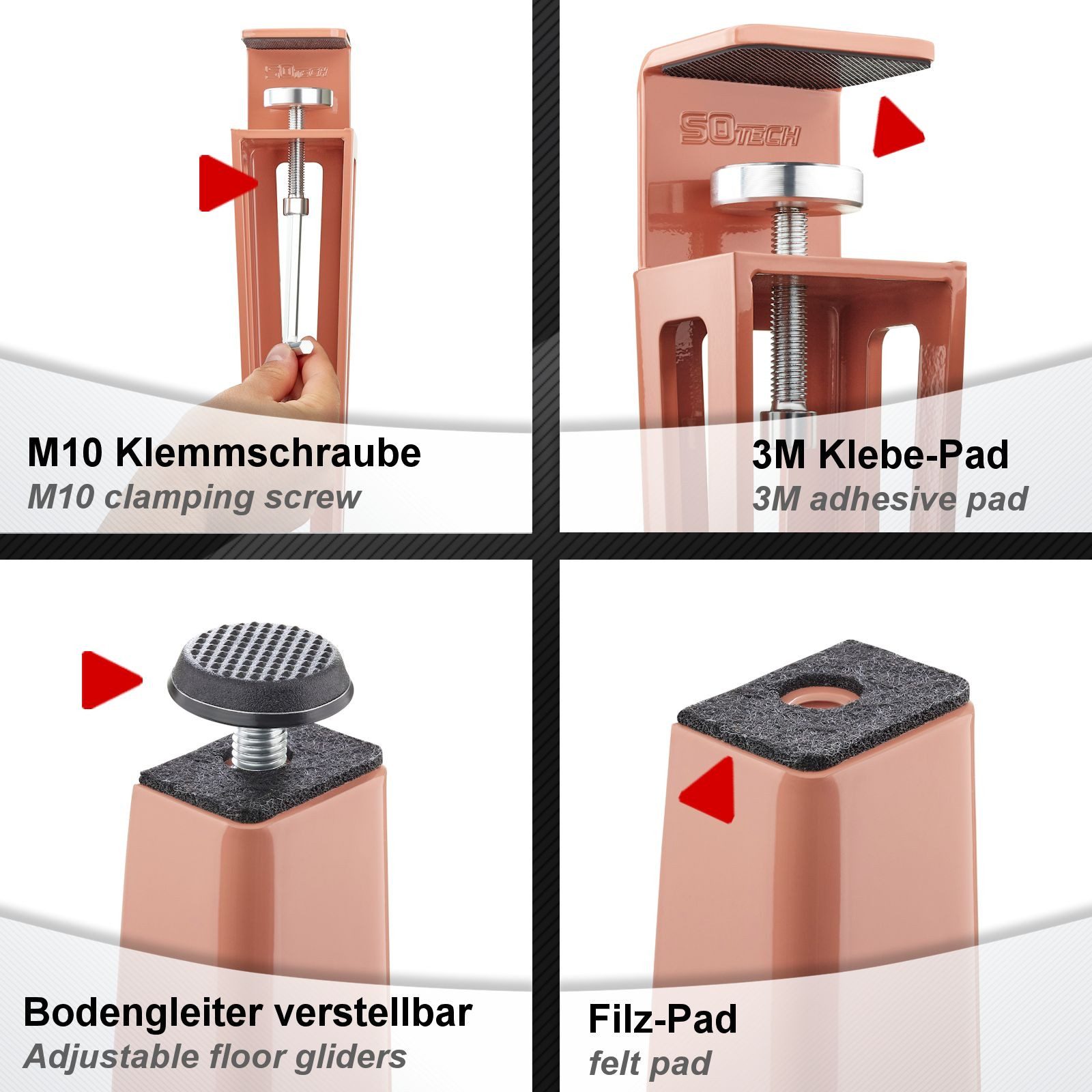 SO-TECH® Tischbein ColorLine in F-Form konisch zulaufend von 70 auf 40 mm, mit Klemmschraube (ohne Bohren) - rosa - Höhe 464 mm - 1x