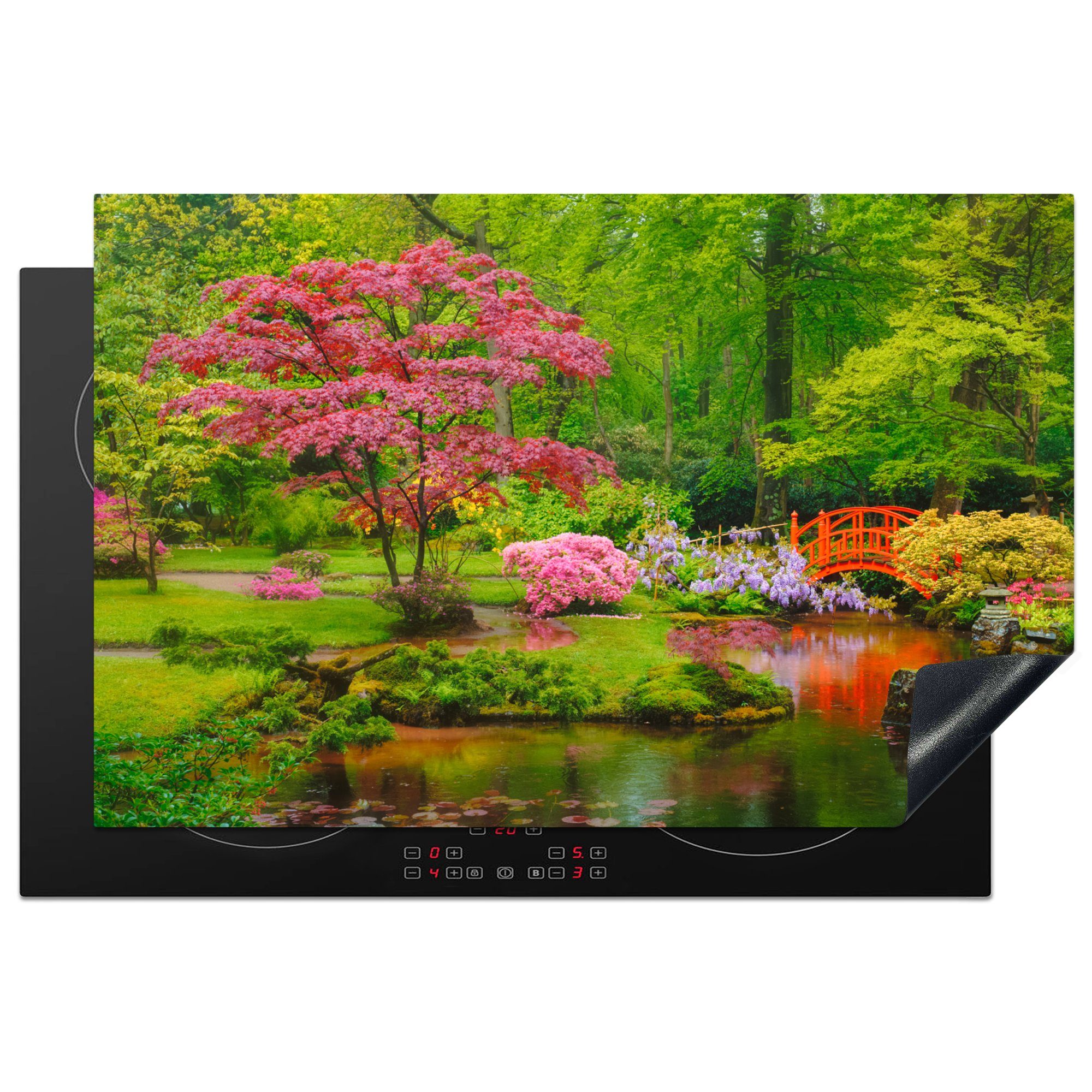 MuchoWow Herdblende-/Abdeckplatte Brücke - Japanisch - Botanisch - Bäume - Blumen, Vinyl, (1 tlg), 81x52 cm, Induktionskochfeld Schutz für die küche, Ceranfeldabdeckung