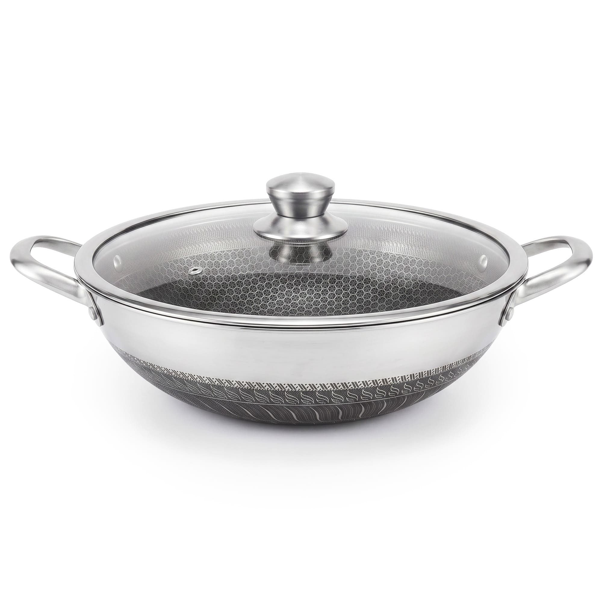 4BIG.fun Wok Ø36 cm Wok Bratpfanne Edelstahl Waben-Antihaftbeschichtung Induktion, Edelstahl