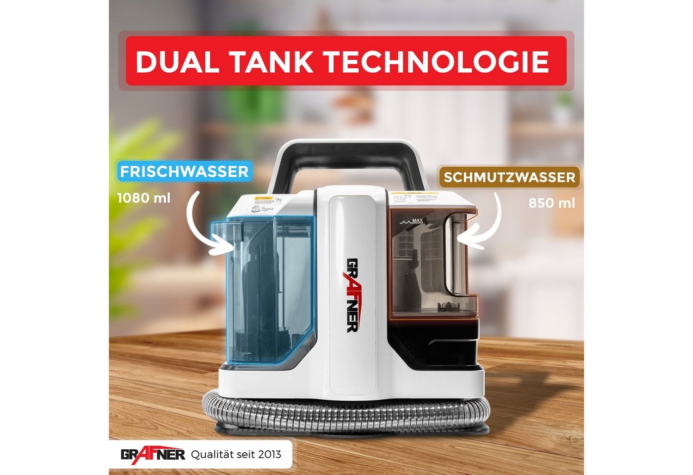 Grafner Staub-Wasch-Sauger Grafner Waschsauger mobil Polsterreiniger Teppichreiniger 450W tragbar, 450,00 W, beutellos, ohne Akku
