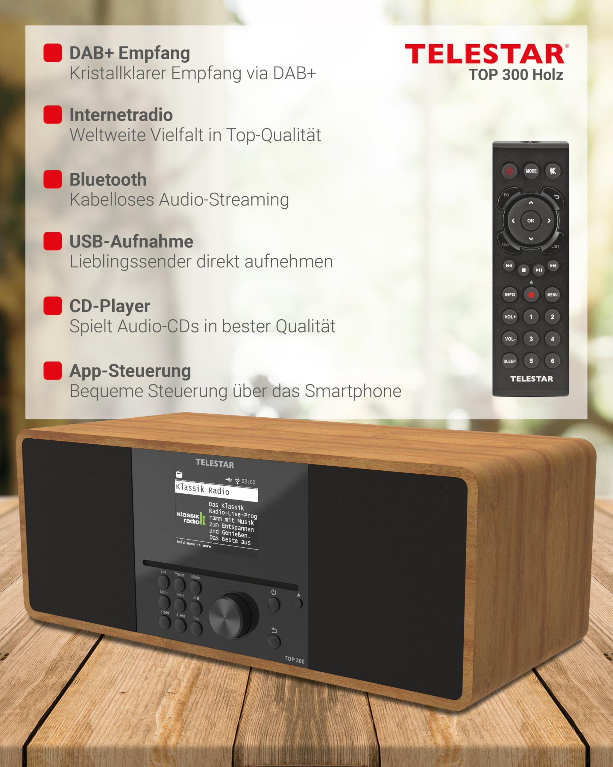 TELESTAR TOP 300 Holz Radio (DAB+ Internetradio mit CD-Player und Holzgehäuse)