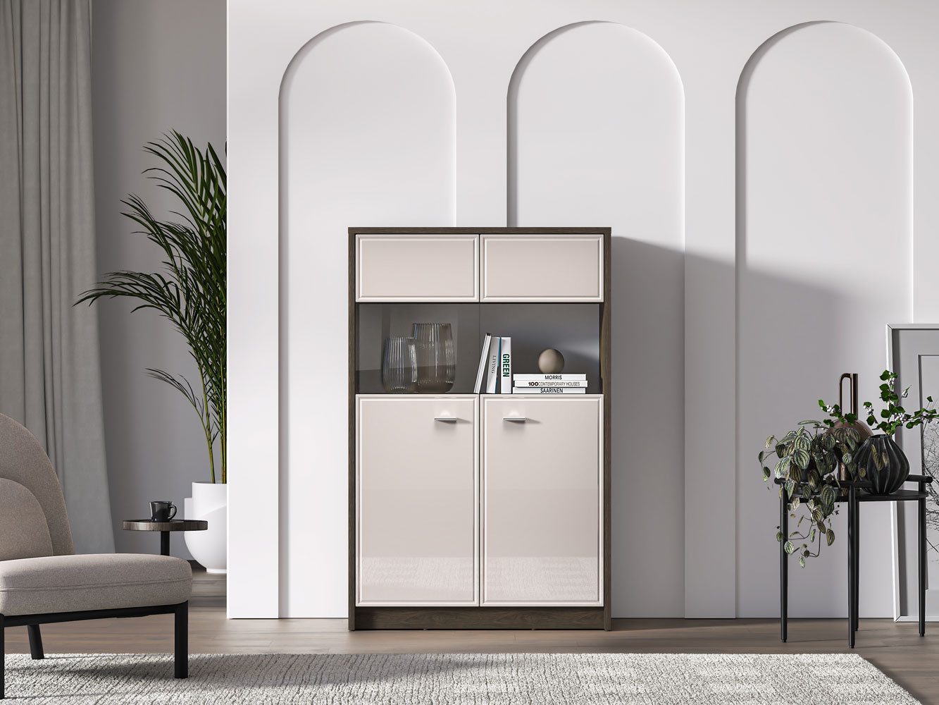 Feldmann-Wohnen Vitrine Avante (mit Türen, mit Einlegeböden, mit Glaseinsatz, 1-St., moderne Optik, Breite 92cm, ohne Beleuchtung, Front MDF) Windmill Eiche dunkel Cashmere Hochglanz Breite 92cm ohne Beleuchtung