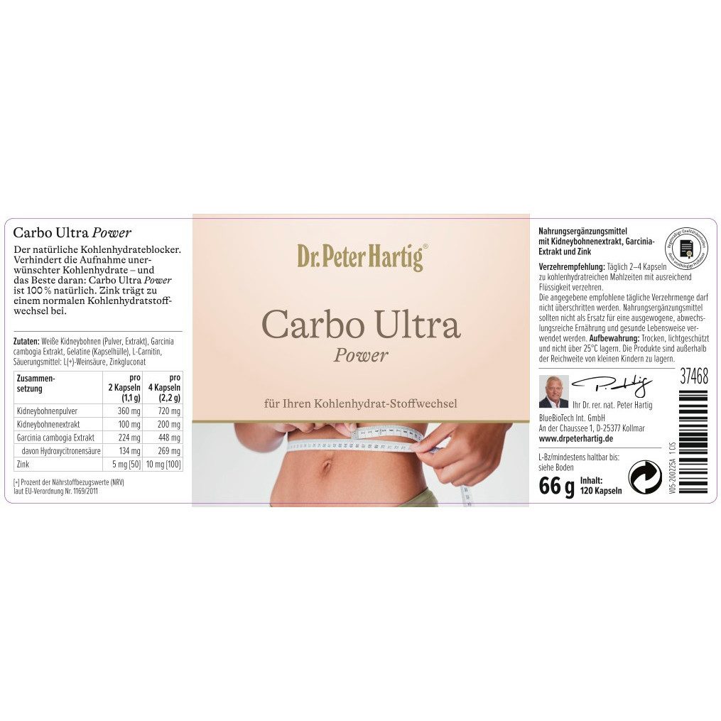 Dr. Peter Hartig Carbo Ultra Power, natürlicher Kohlenhydrateblocker, 100% natürlich, Kapseln, 120 Kapseln, 2-Monats-Vorrat, à 66 g