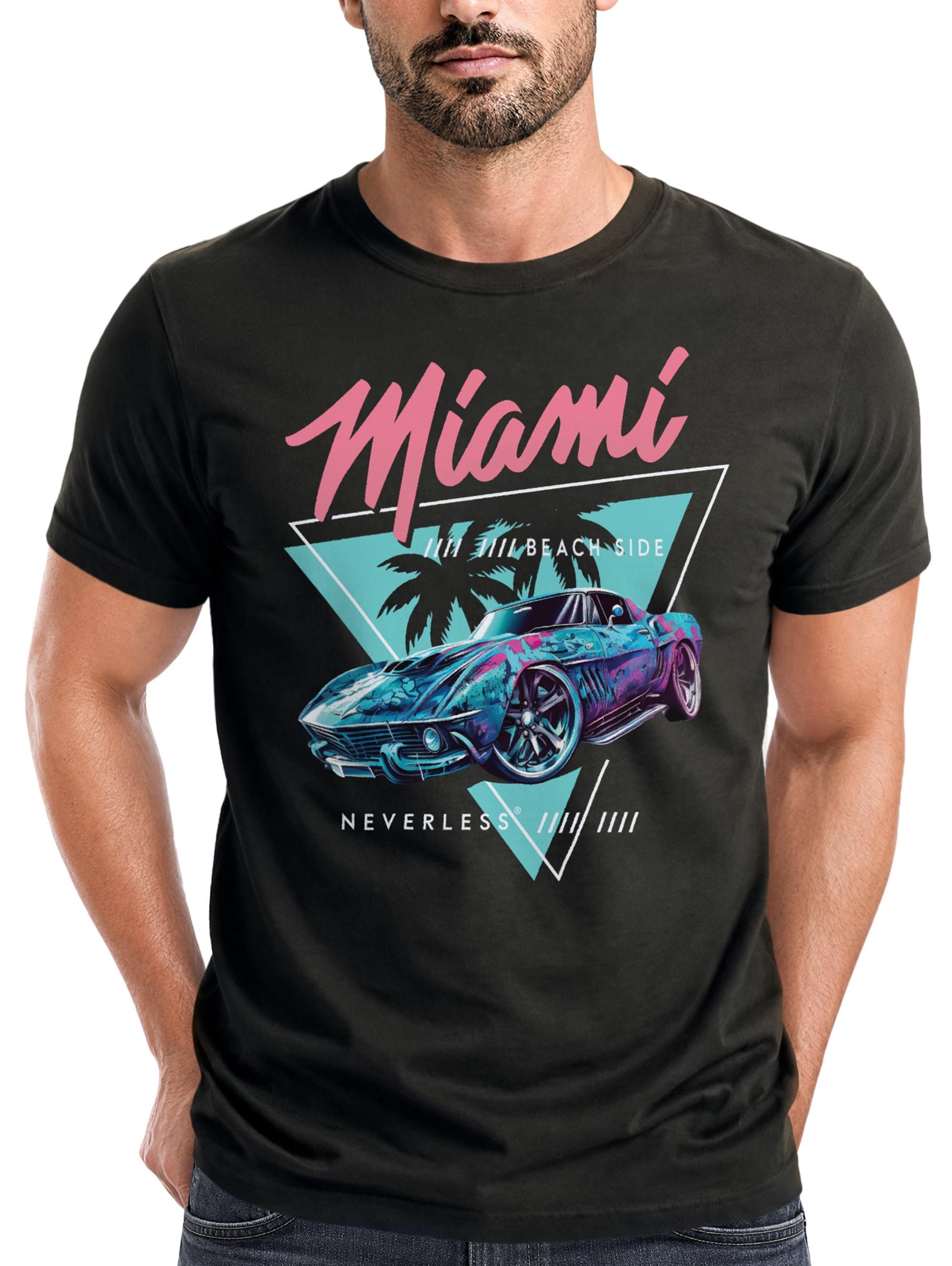 Neverless Print-Shirt Herren T-Shirt Bedruckt Miami Beach Surfing Motiv USA Retro Automobil mit Print