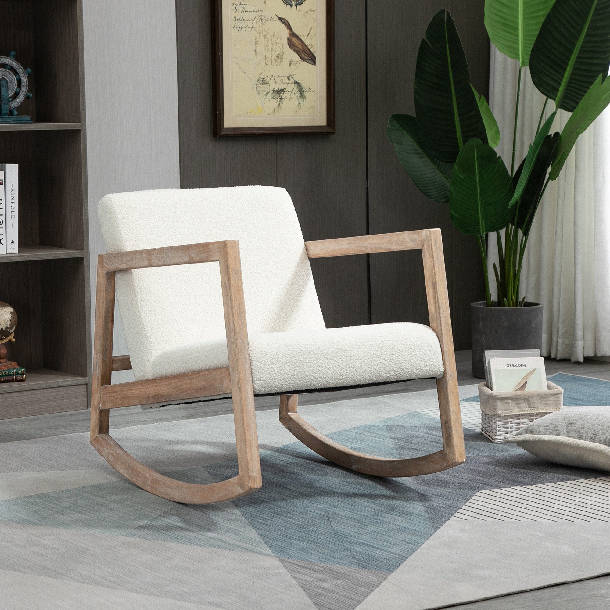HOMCOM Schaukelstuhl gepolstert Relaxstuhl mit Holzrahmen (Loungesessel, 1 St), Kautschukholz Cremeweiß 60 x 76 x 77 cm