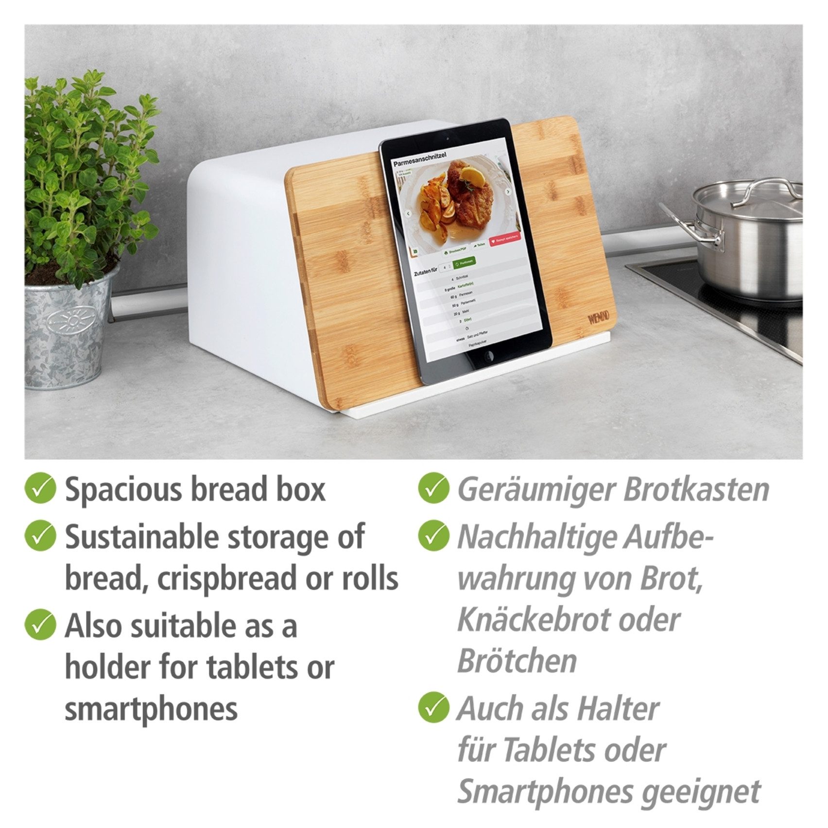 WENKO Brotkasten Modell Kubo, Bambus, Kunststoff, (1-tlg), moderne Brotbox mit integriertem Schneidebrett als Deckel