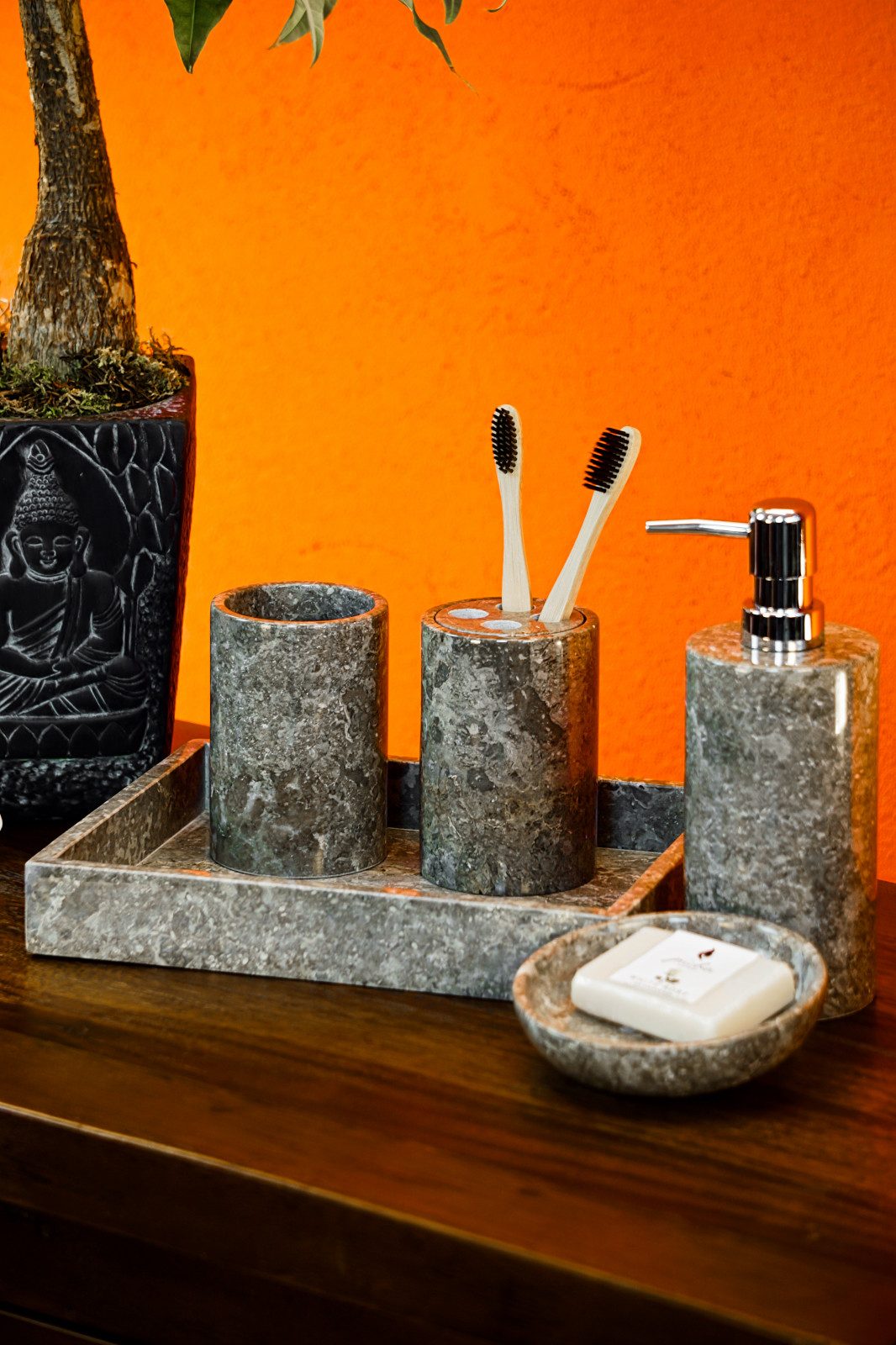 Kinaree Seifenspender Badezimmer Set Marmor dunkel, (bestehend aus Tablett, günstig online kaufen