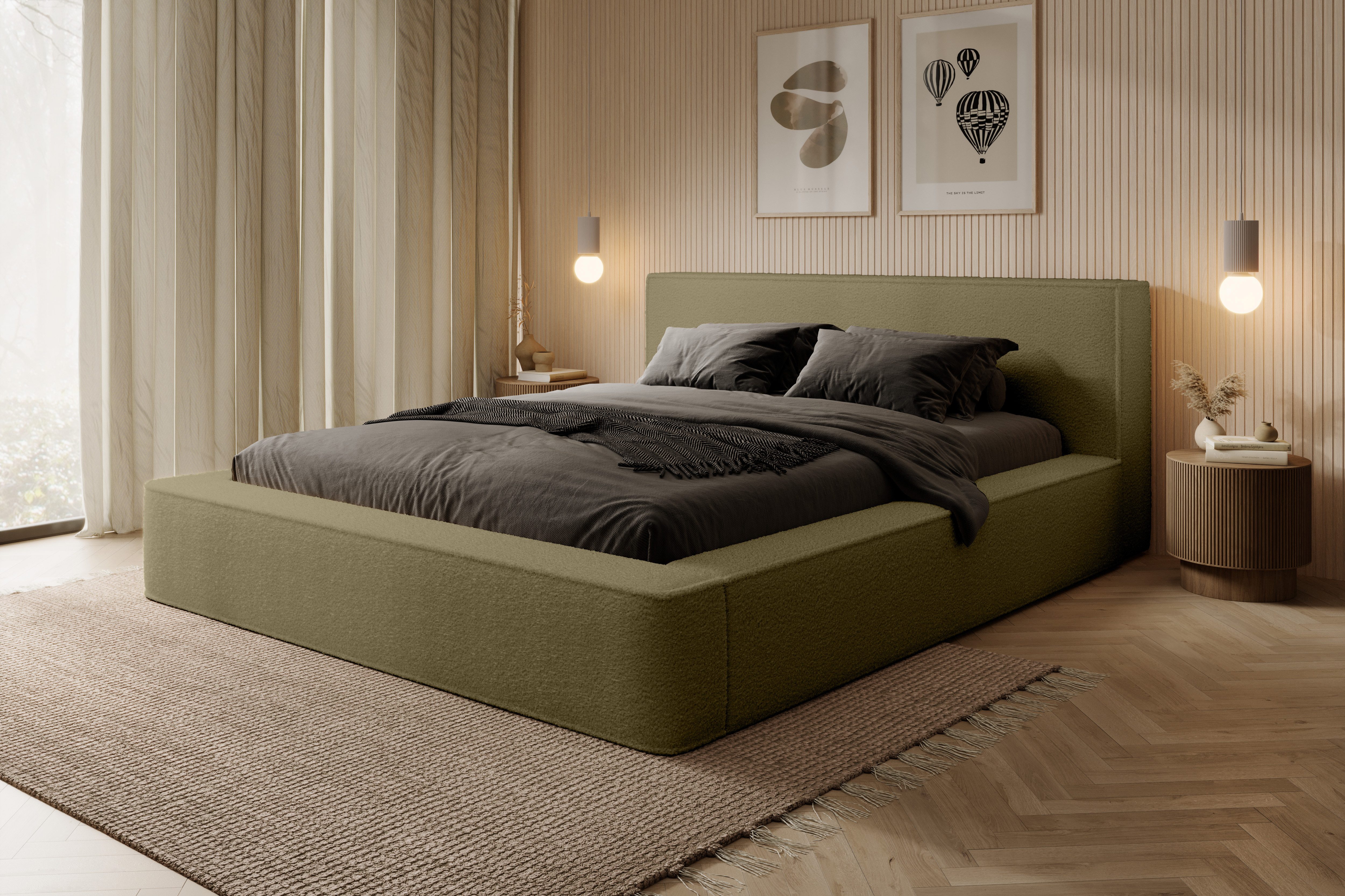 yourhouse24 Polsterbett Alma Doppelbett Bettgestell Lattenrost mit Bettkasten (Bettgestell mit Lattenrost), Mit Bettkasten, Stoff Euphoria, Modernes Design, Gepolstertes Kopfteil