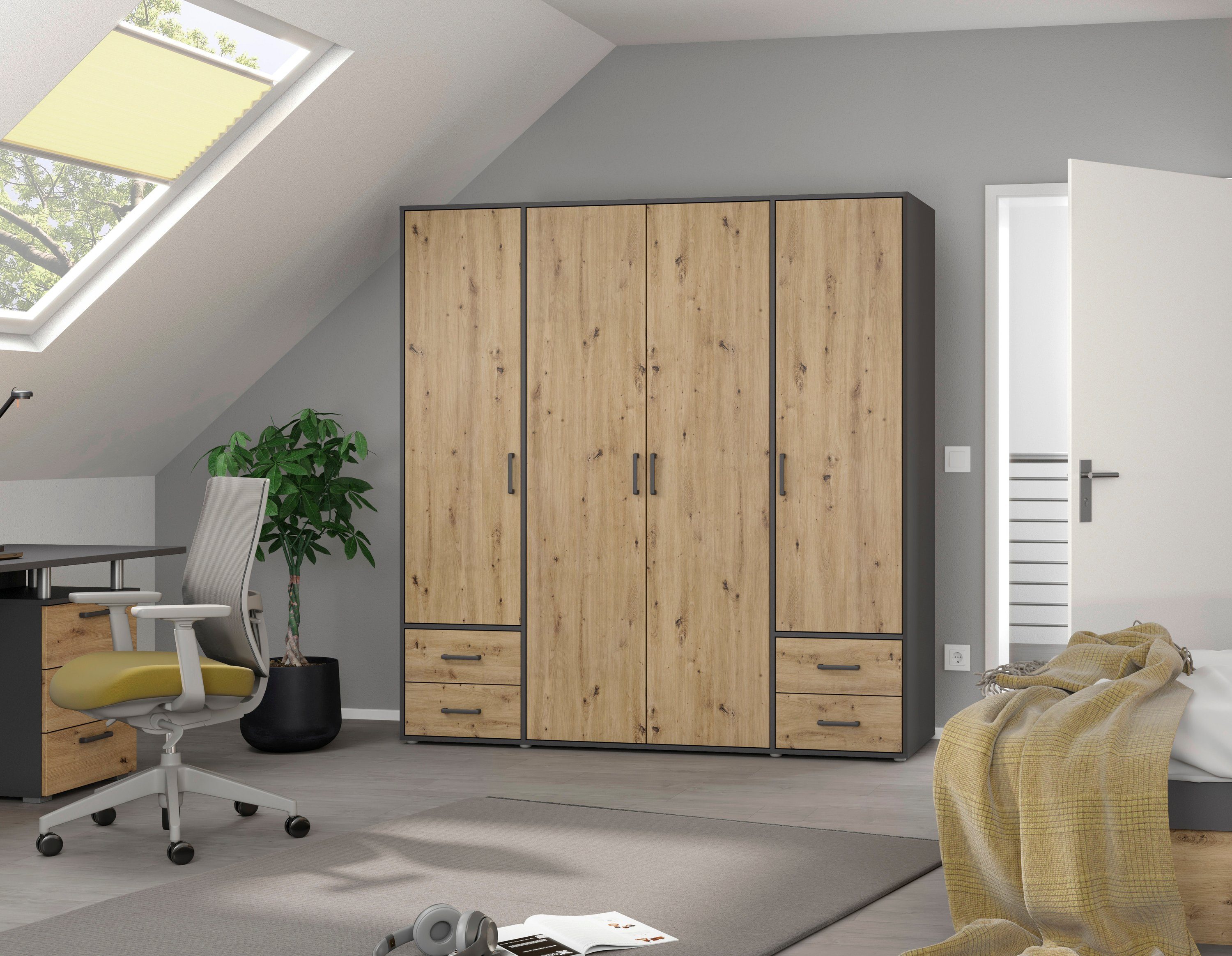 rauch Drehtürenschrank Kleiderschrank Schrank Garderobe Wäscheschrank VOYAGER (in 3 verschiedenen Ausstattungen BASIC/CLASSIC/PREMIUM) mit 2 modernen Griffvarianten, mit Außenschubladen MADE IN GERMANY