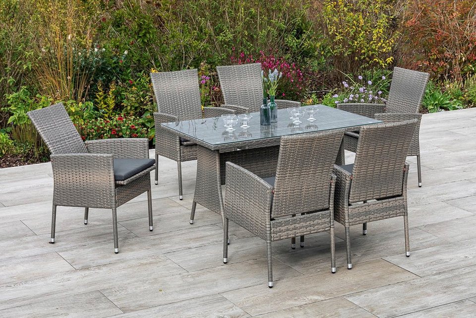 MERXX Garten-Essgruppe Sevilla, (7-tlg), 6 Sessel mit Siztkissen, Tisch,  steinbeige