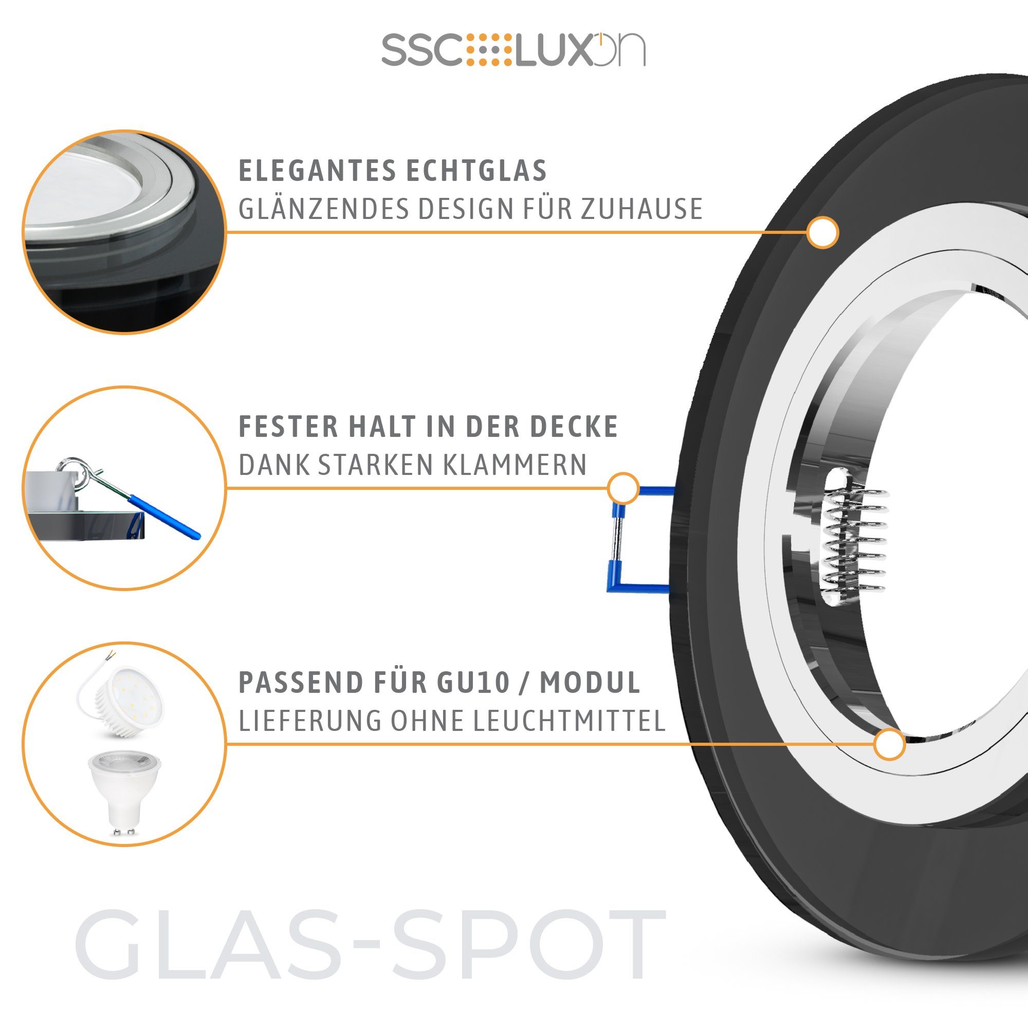 SSC-LUXon LED schwarz, mit Runde GU10-Fassung Einbaustrahler Glas-Einbauleuchte Innenring, Alu