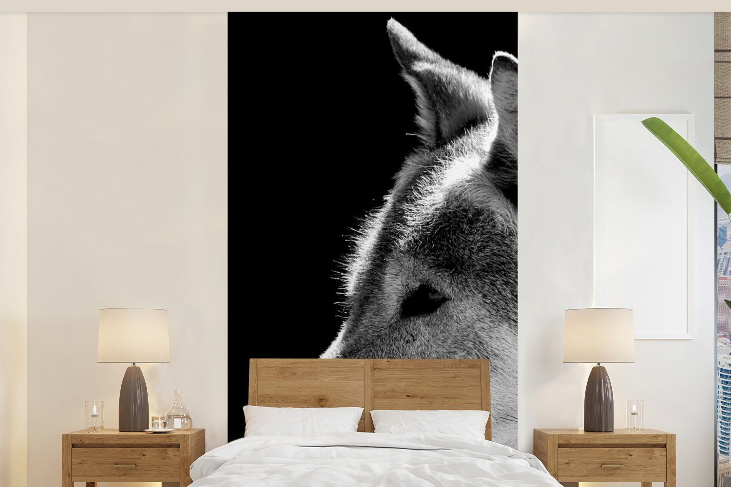 MuchoWow Fototapete Wildlife - Wolf - Schwarz - Weiß, Matt, bedruckt, (2 St), Vliestapete für Wohnzimmer Schlafzimmer Küche, Fototapete