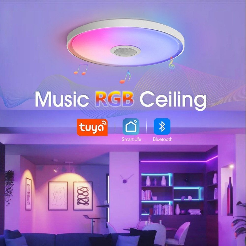 POPOLIC Deckenleuchte LED Deckenlampe RGB Bluetooth Lautsprecher Fernbedienung APP-Steuerung, LED fest integriert, Dimmbar mit Fernbedienung und APP-Steuerung, Kaltweiß/Naturweiß/Warmweiß, RGB, für Schlafzimmer,Wohnzimme,Kinderzimmer,Party