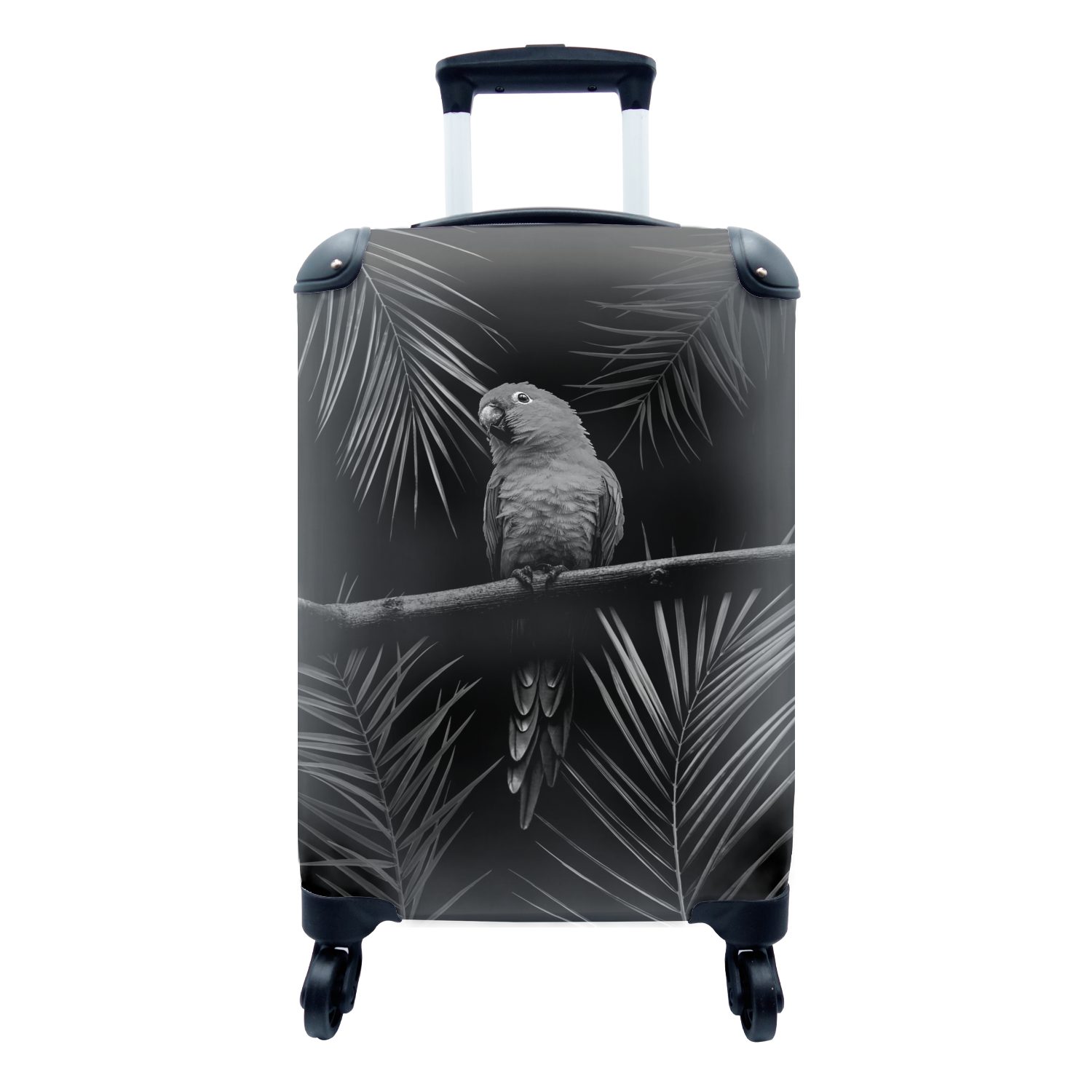 MuchoWow Handgepäckkoffer Vogel auf schwarzem Hintergrund - schwarz und weiß, 4 Rollen, Reisetasche mit rollen, Handgepäck für Ferien, Trolley, Reisekoffer