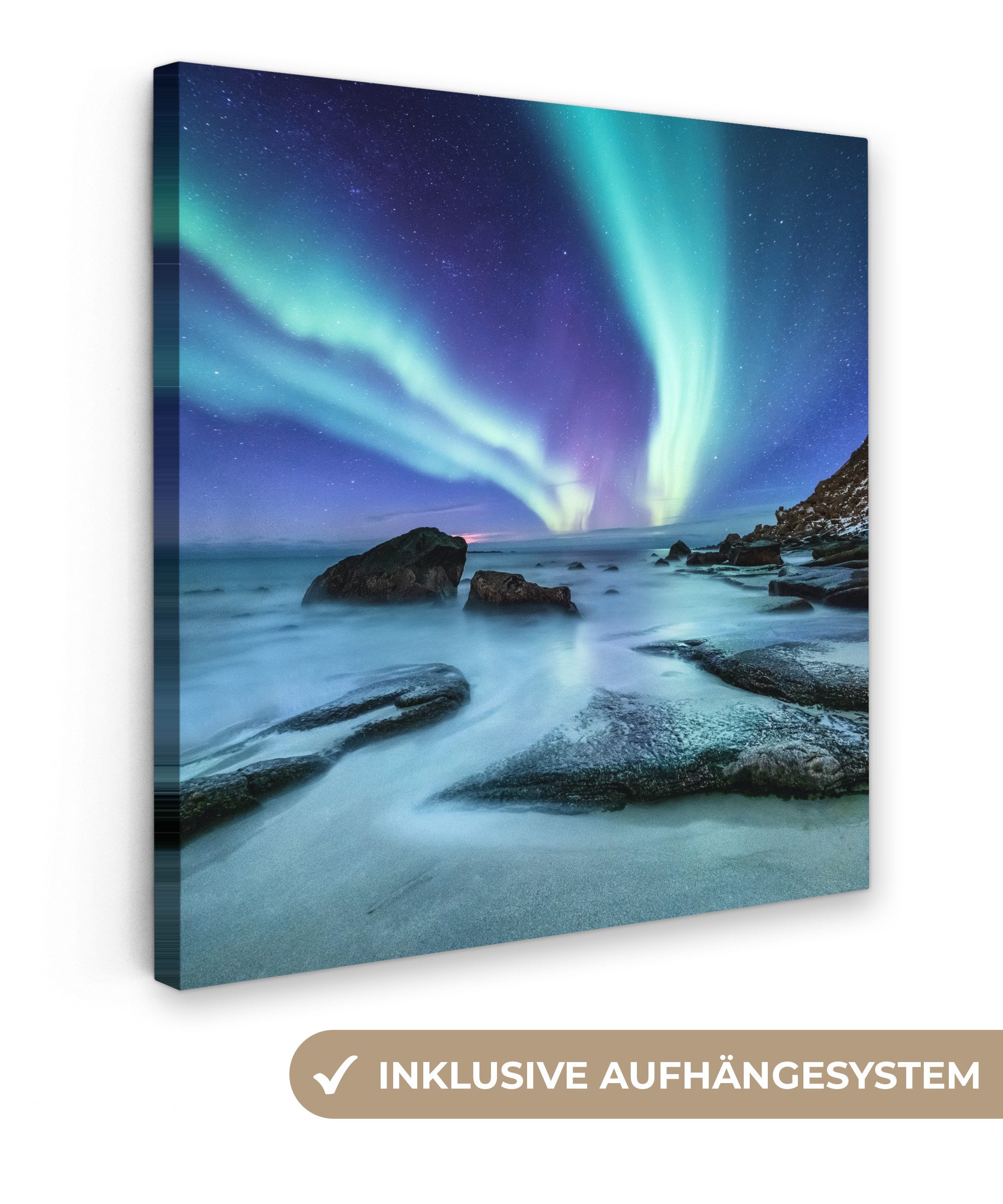 OneMillionCanvasses® Leinwandbild Nordlichter - Landschaft - Lofoten, Fotodruck (1 St), Wandbild, Deko Schlafzimmer Wohnzimmer Flur 20x20 cm