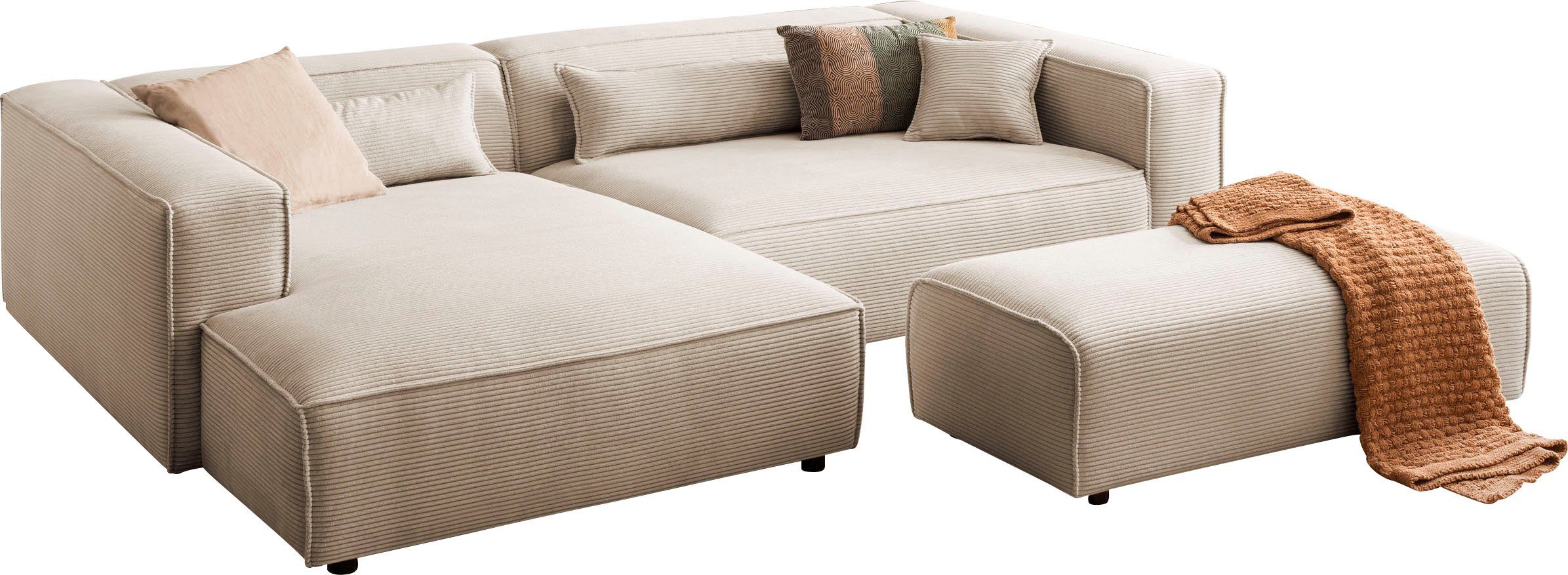 LeGer Home by Lena Gercke Polsterecke PIARA XXL, L-Form, Schlaffunktion, Cord, Leinenoptik o. Strukturstoff, Hocker stellbar zum Schlafsofa (Krokodilverbinder), tiefe Sitzfläche