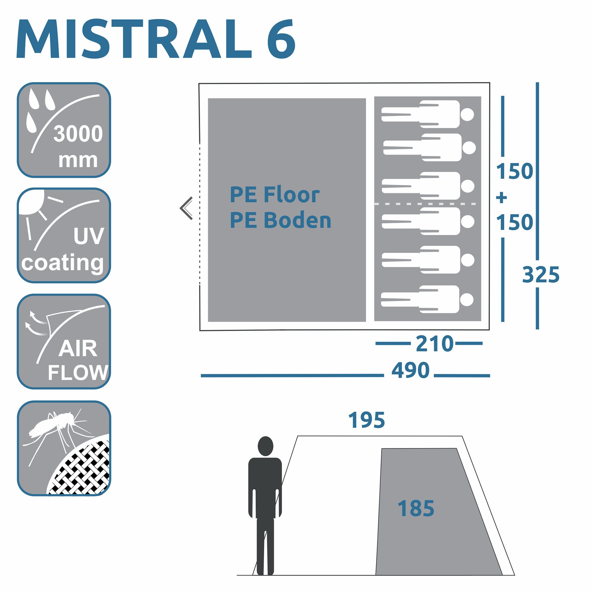 yourGEAR Tunnelzelt your GEAR Zelt Mistral - 6 Personen Tunnelzelt UV 50+, 3000 mm, Personen: 6