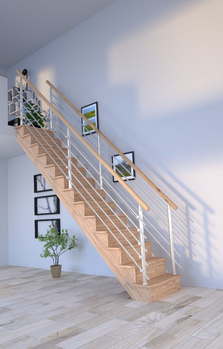 Starwood Raumspartreppe Holztreppe Lindos (Eiche) in gerader Ausführung-80 cm-Design Geländer