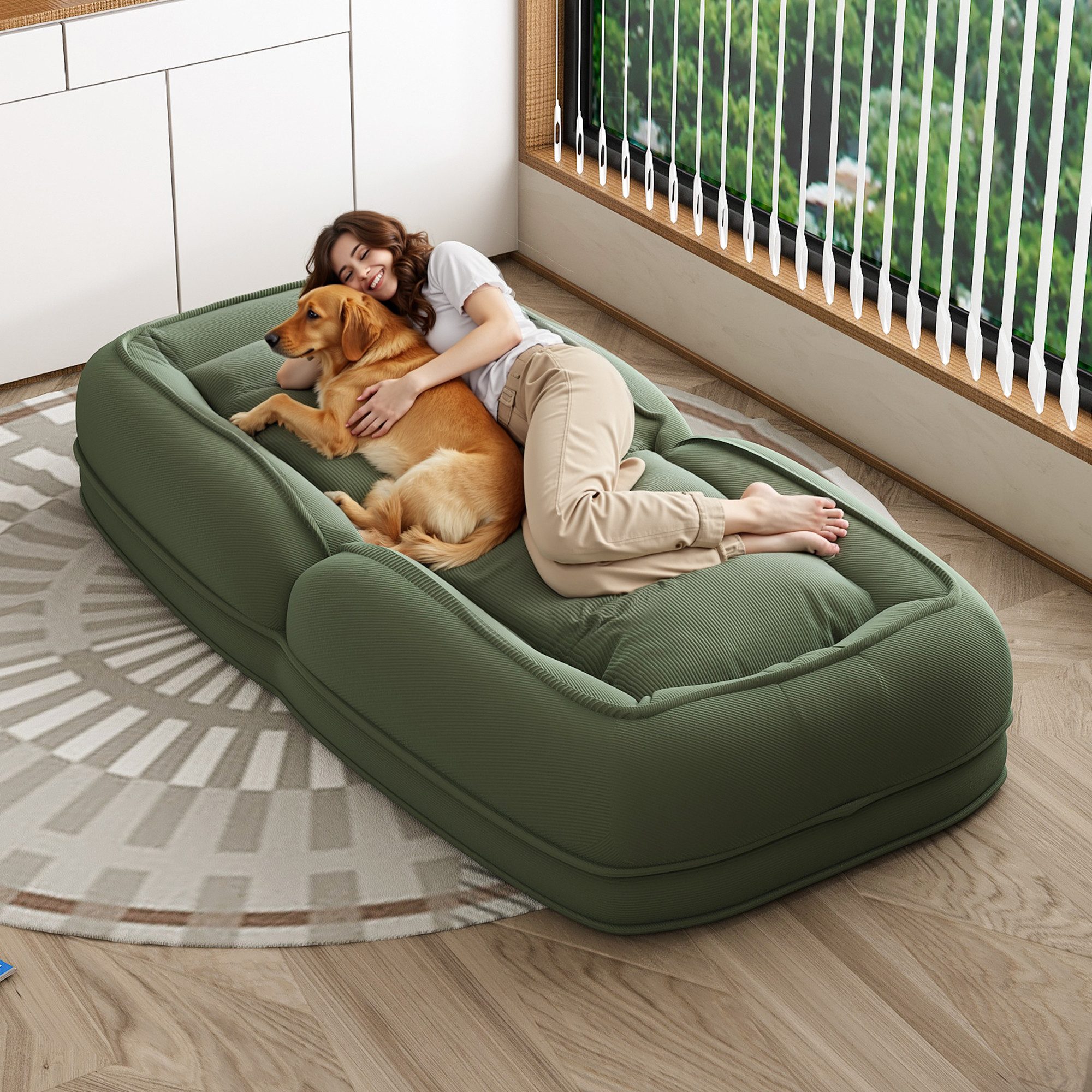HAUSS SPOLE Loungesessel mit Metallrahmen,Verstellbares Sofabett Relaxsessel Wohnzimmer,Grün (Platzsparende Multifunktions-Liege Schlafsessel für Wohnzimmer), Bodensofa Sitzliege mit 5-fach verstellbarem Sitzsystem