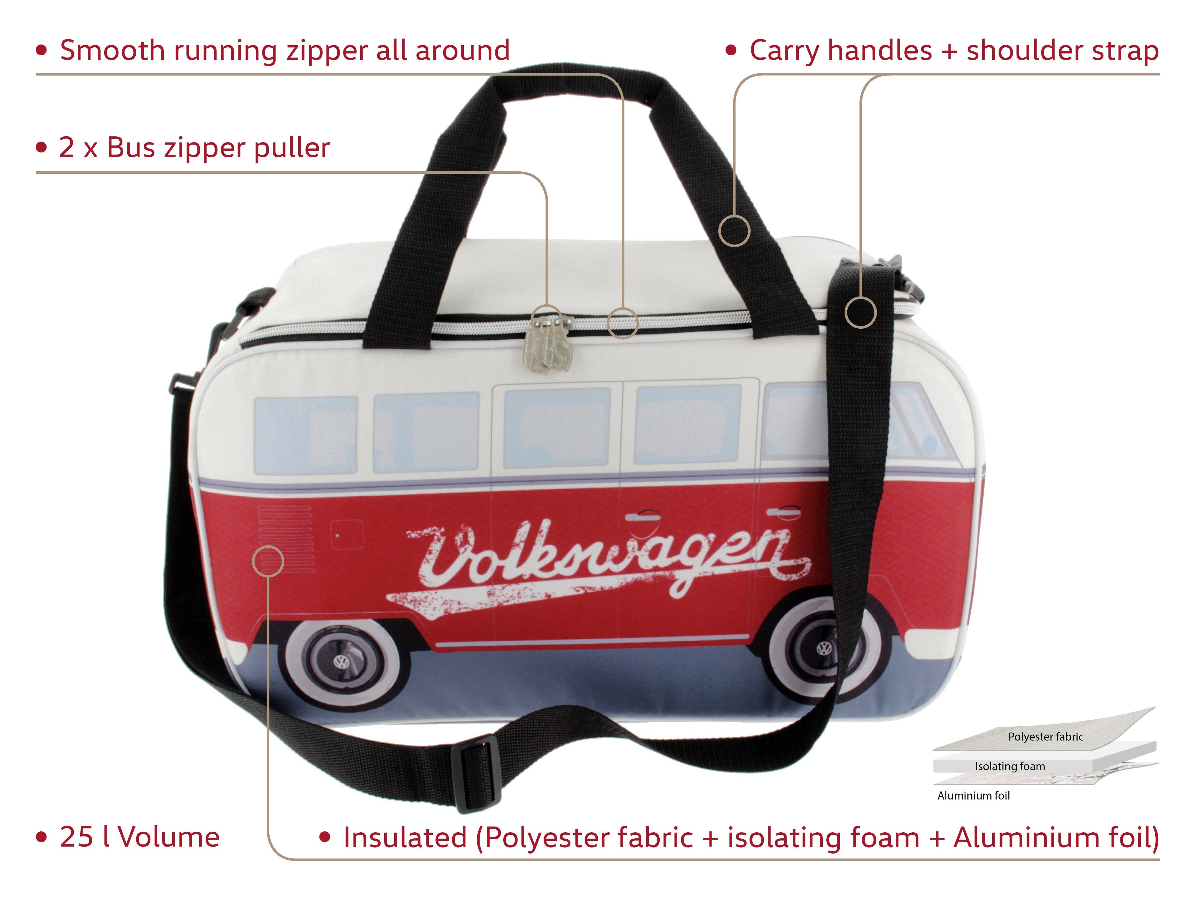 VW Collection by BRISA Kühltasche Volkswagen Thermotasche im T1 Bulli Bus Design, 25 l, isolierte Picknick-Tasche, 25L