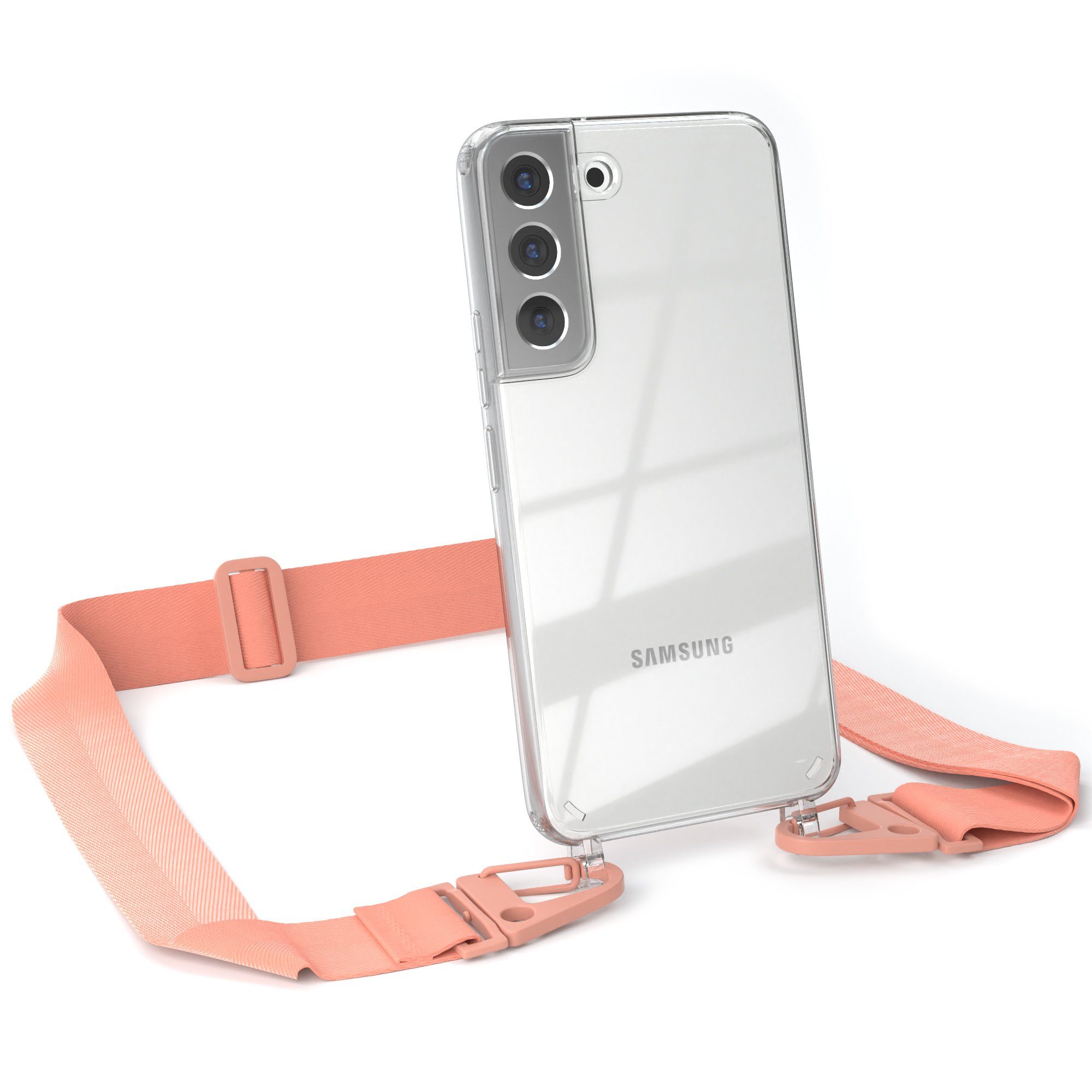 EAZY CASE Handykette Silikon Kette Karabiner für Samsung Galaxy S22 5G 6,1 Zoll, Silicon Handyhülle mit breiter Kette Carabiner Necklace Altrosa Coral