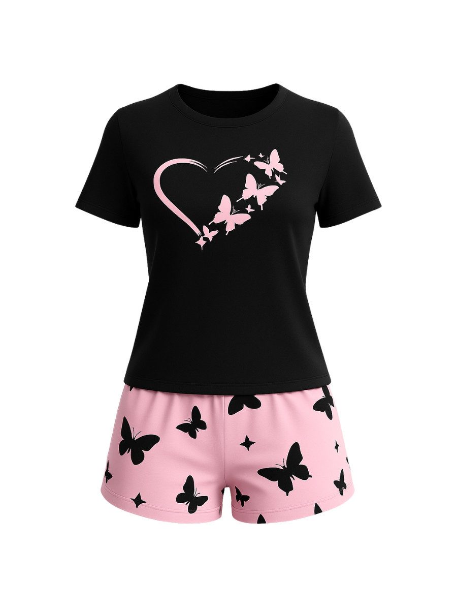 Elegant Love Shorty Damen-Pyjama Set – Nachtwäsche mit Herz- und Schmetterl günstig online kaufen