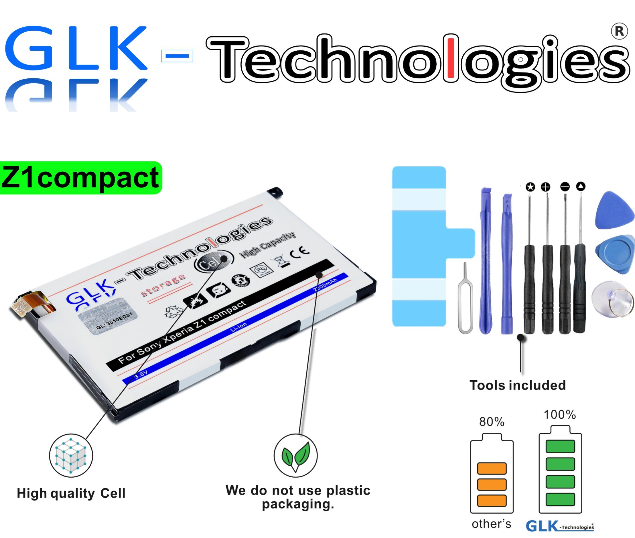 GLK-Technologies High Power Ersatzakku kompatibel mit Sony Xperia Z1 Compact / D5503 / (ersetzt LIS1529ERPC), Original GLK-Technologies Battery, accu, 2500 mAh, inkl. Werkzeug Set Kit NEU Smartphone-Akku 2500 mAh (3.8 V) | Handy-Akkus