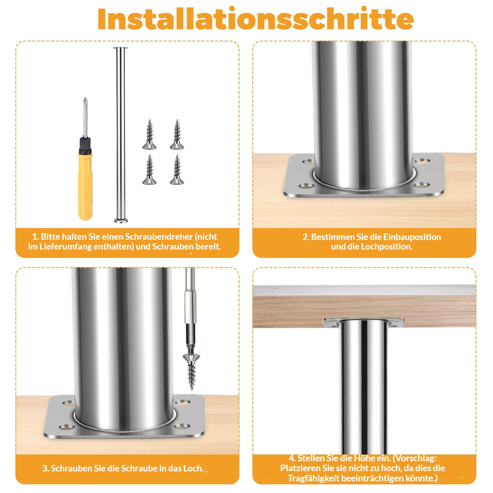 BlingBin Möbelfuß Höhenverstellbare Tischbeine Edelstahl, rutschfest, robust & langlebig, (2er Set, 2-St., Verstellbare Tischbeine 720–1100 mm, Ø50 mm), Möbelbeine zur Erhöhung von Küchentischen
