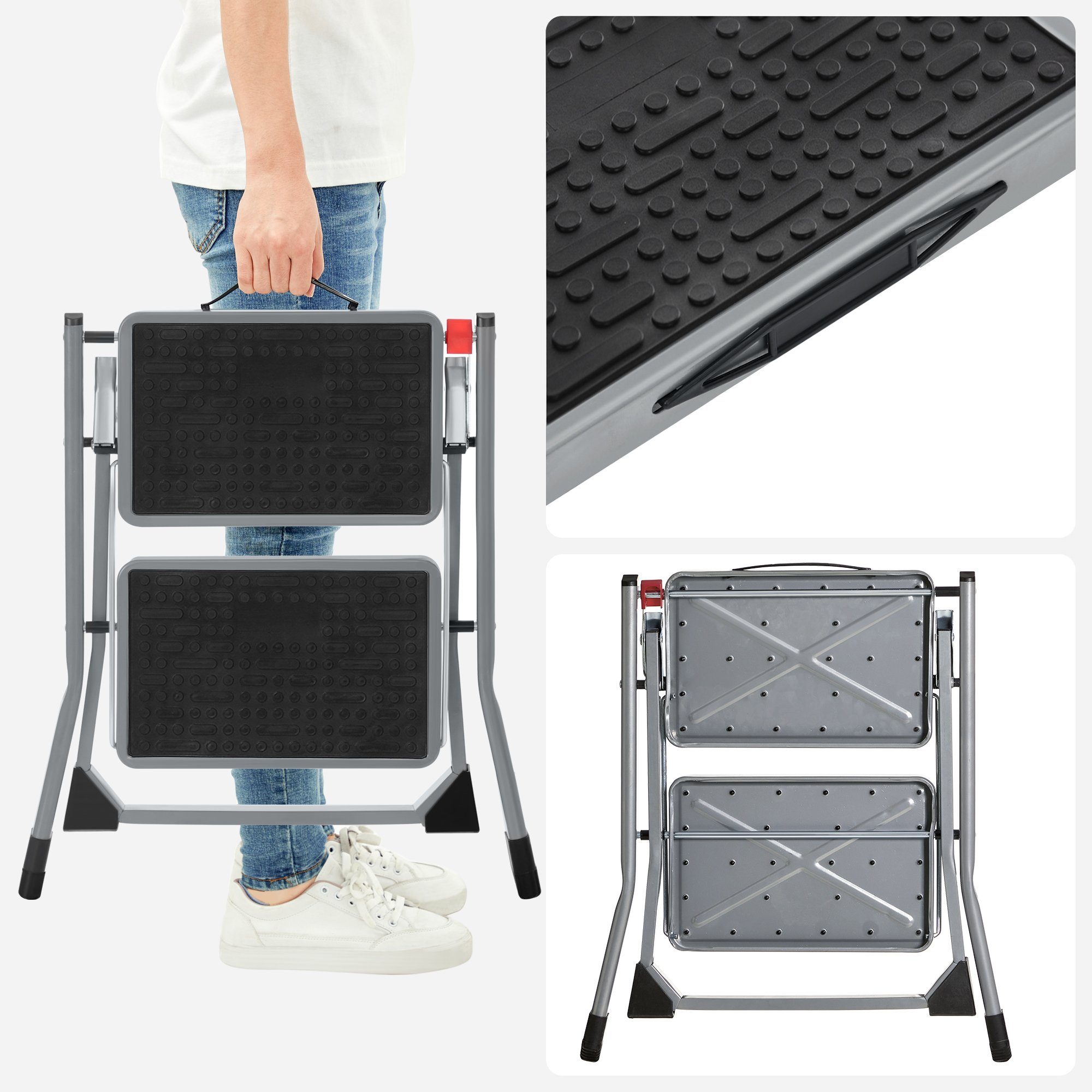 SONGMICS Trittleiter Klapptritt, Leiter mit 2 Stufen, einfach zu verstauen, bis 150 kg